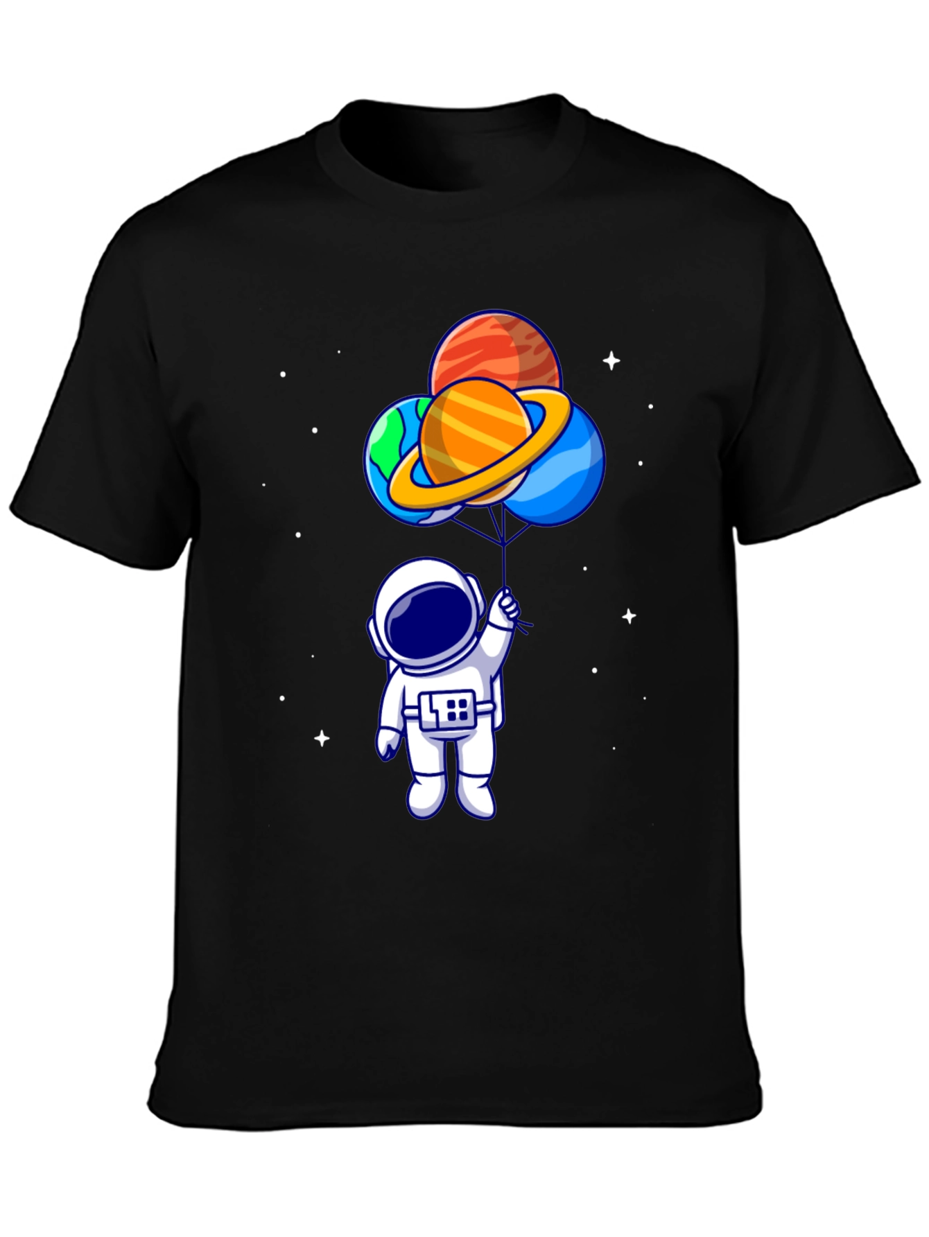 Camiseta Negra Astronauta con Globos de Planetas
