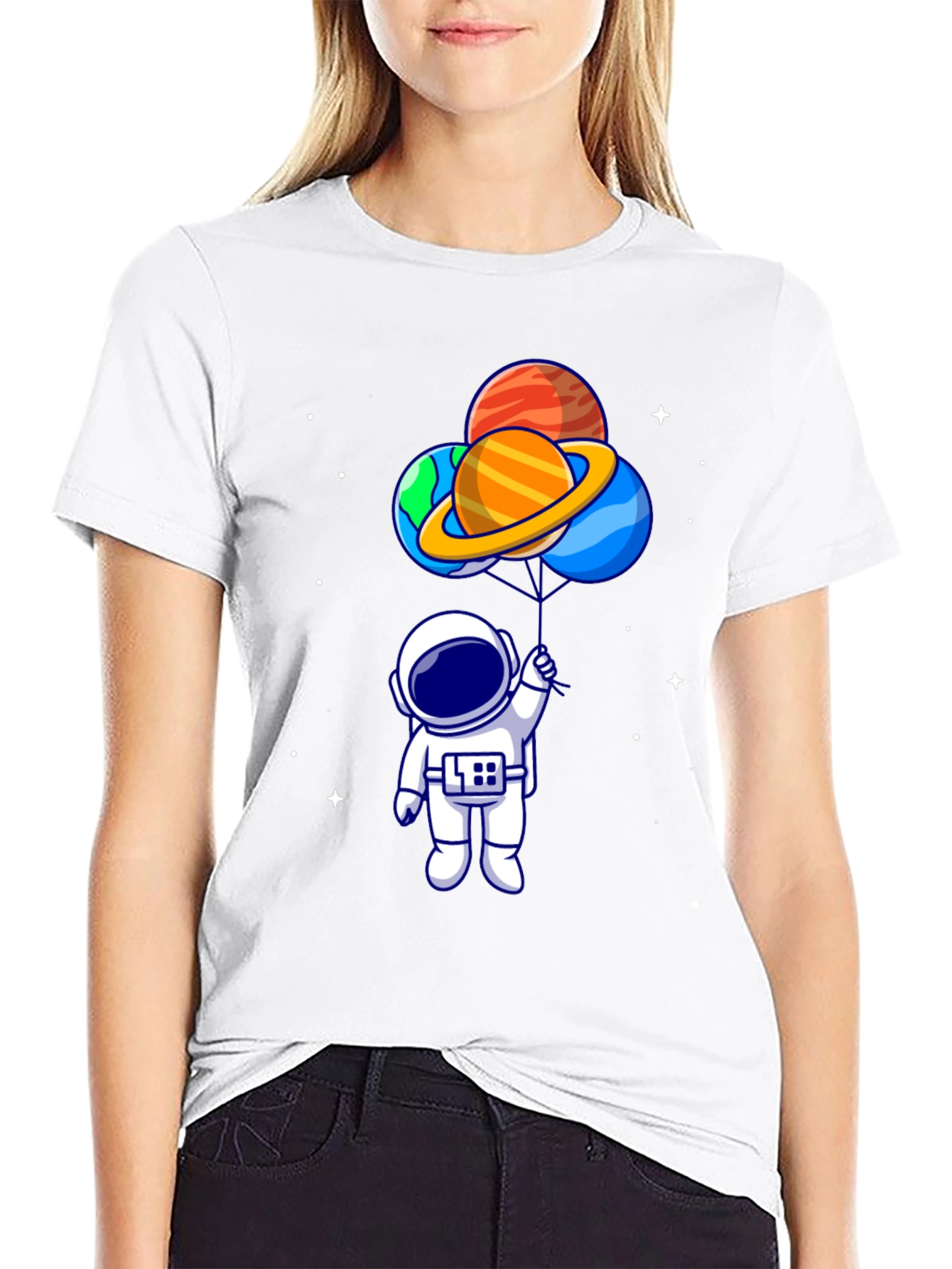 Camiseta Negra Astronauta con Globos de Planetas