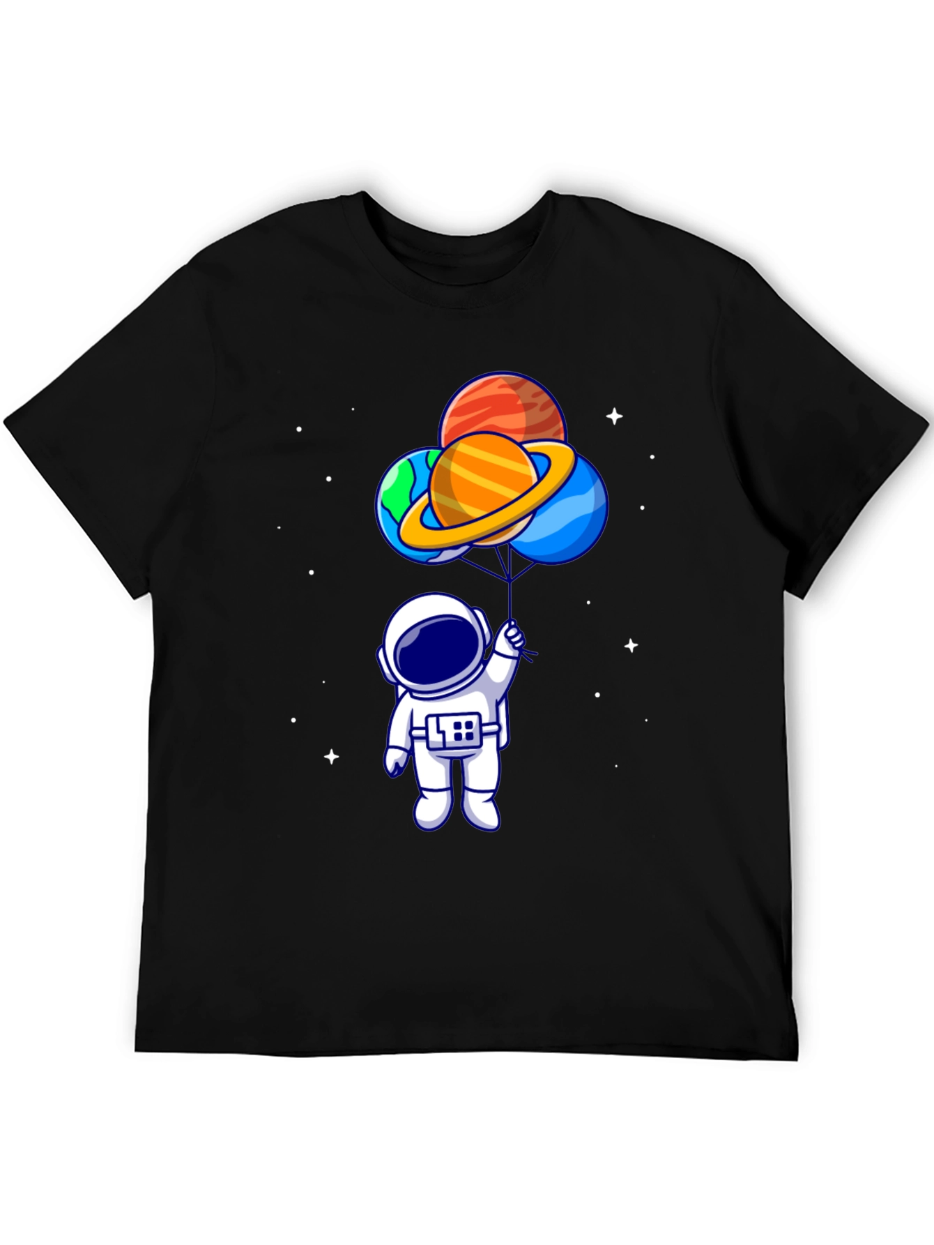 Camiseta Negra Astronauta con Globos de Planetas