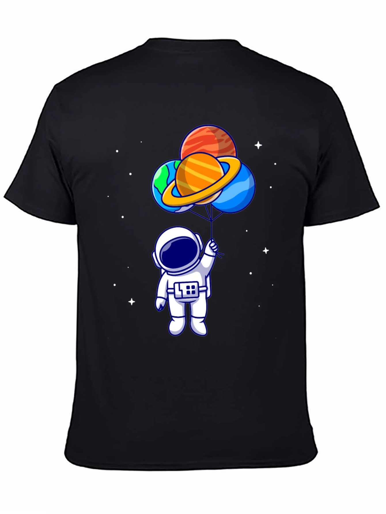 Camiseta Negra Astronauta con Globos de Planetas