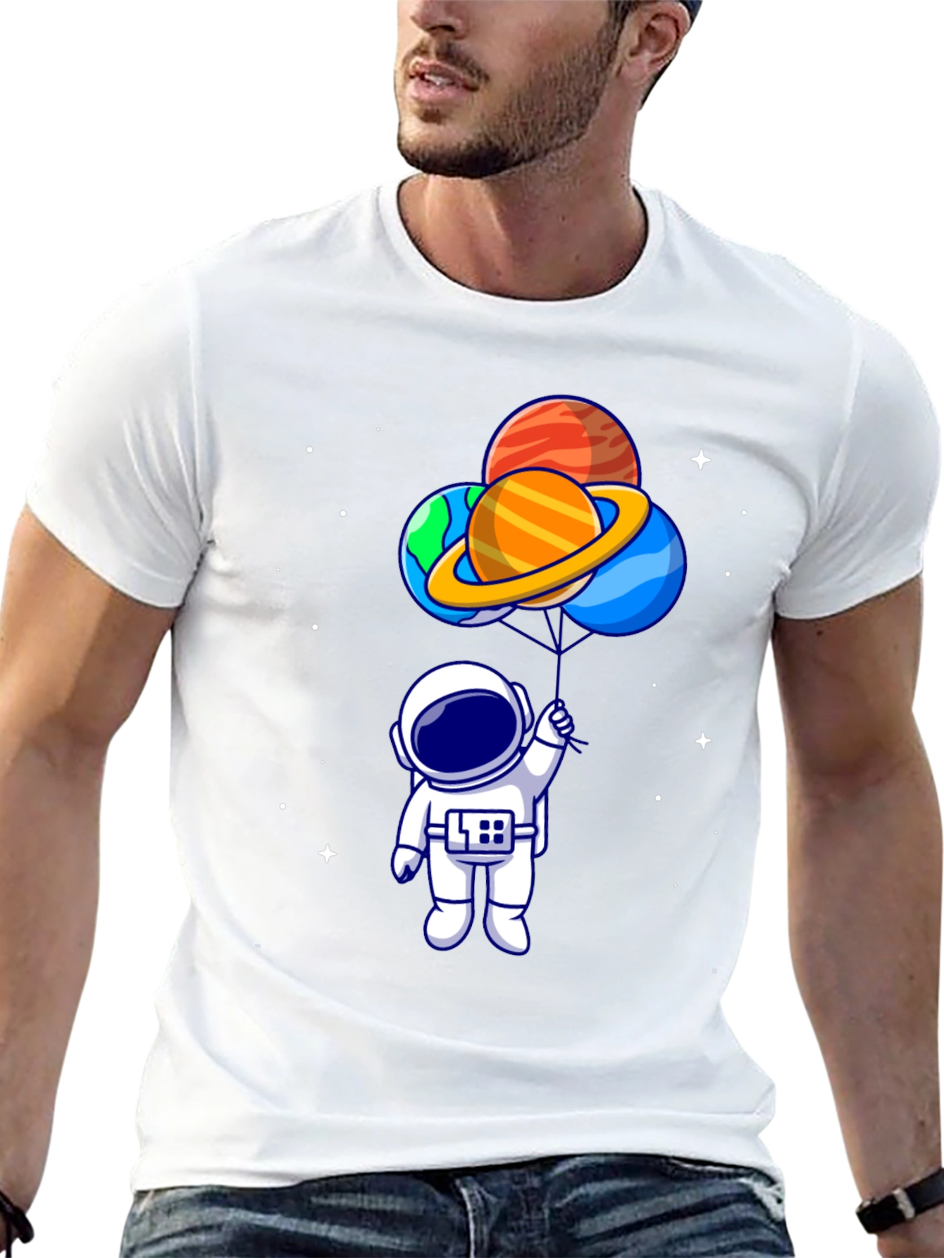 Camiseta Negra Astronauta con Globos de Planetas