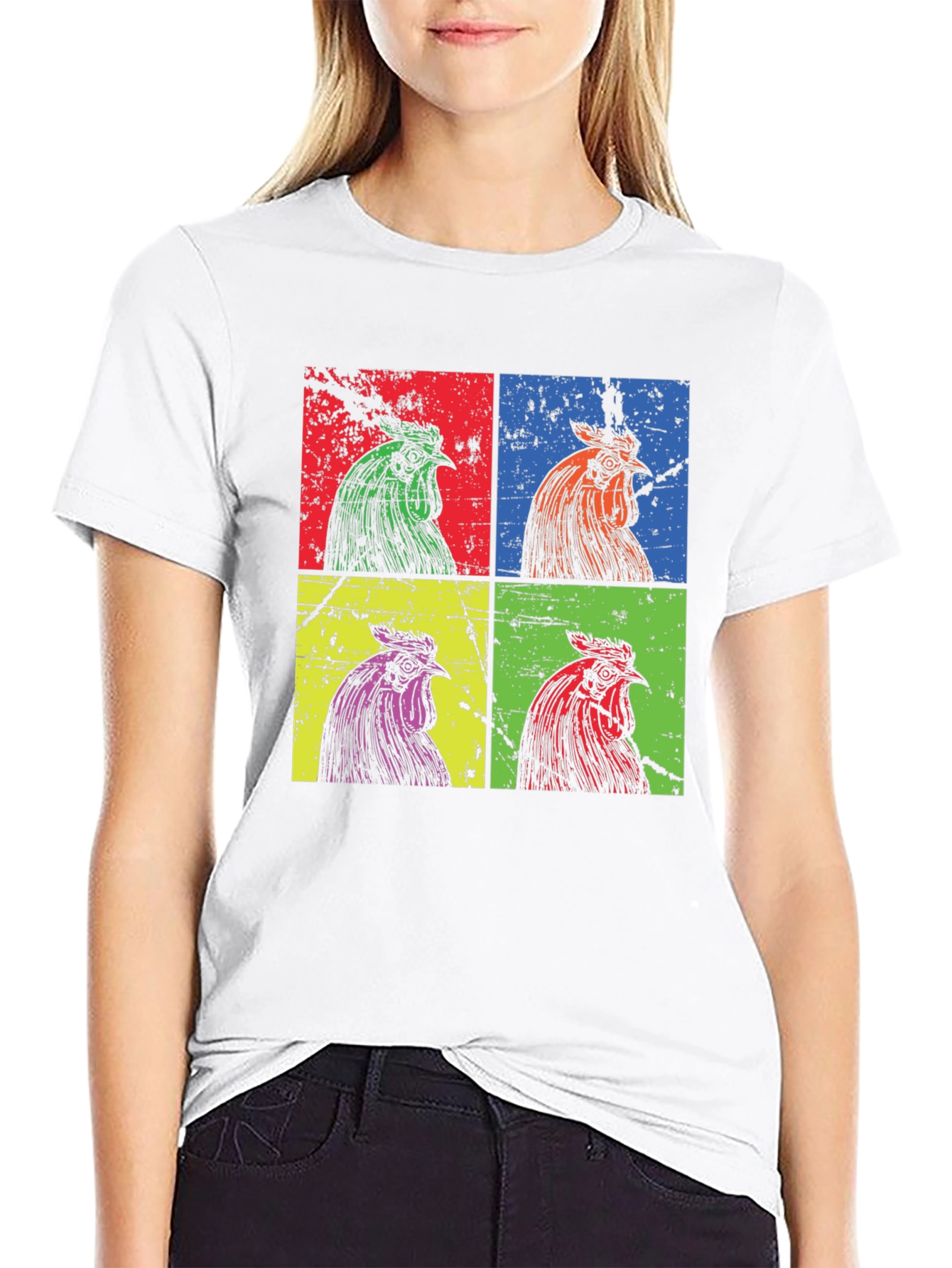 Camiseta Negra con Diseño Pop Art de Gallos