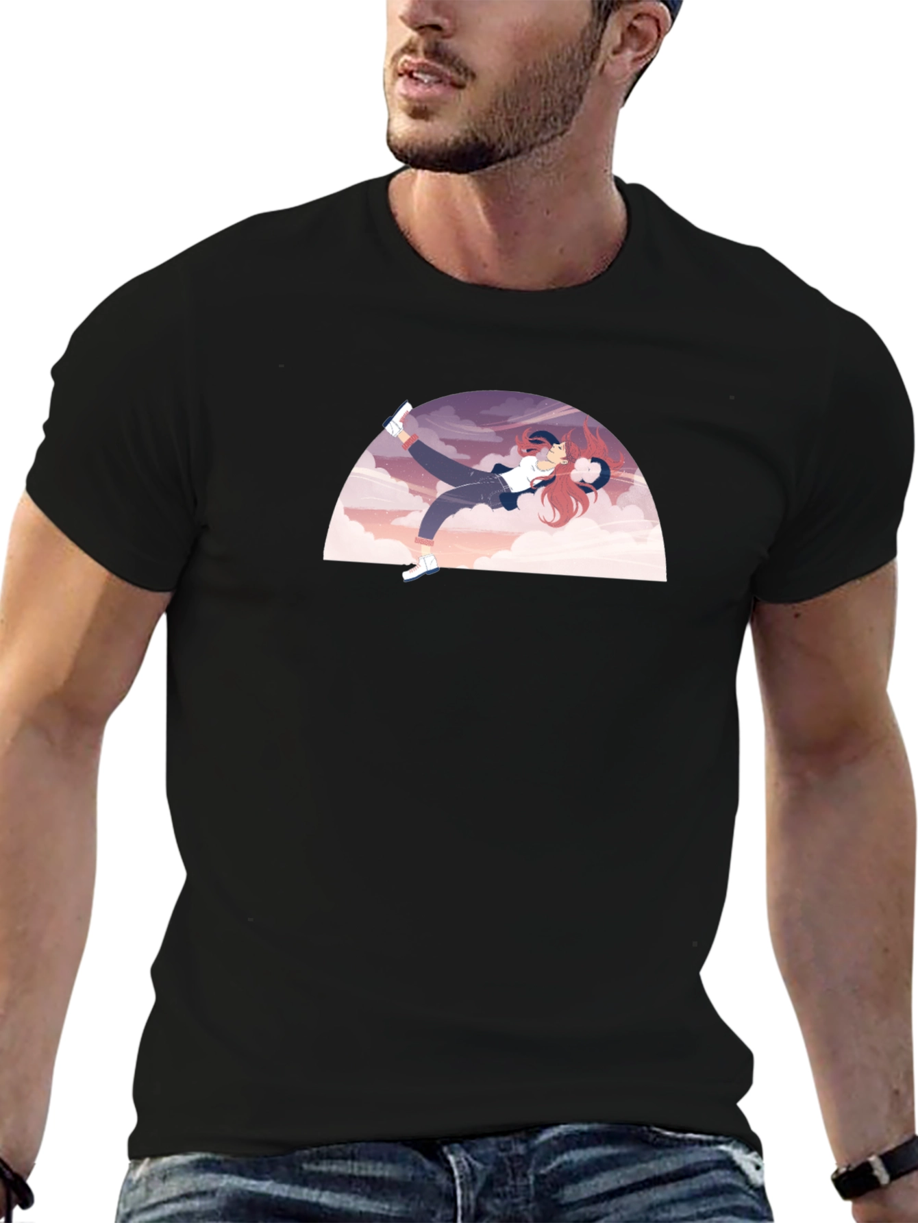 Camiseta Negra con Diseño de Anime Relajado