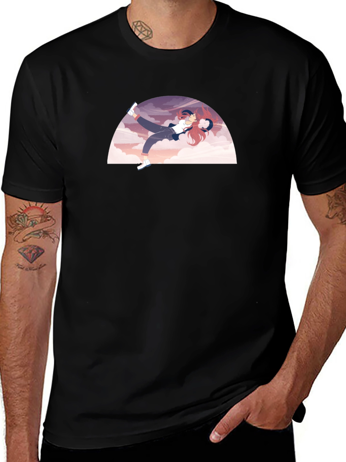 Camiseta Negra con Diseño de Anime Relajado