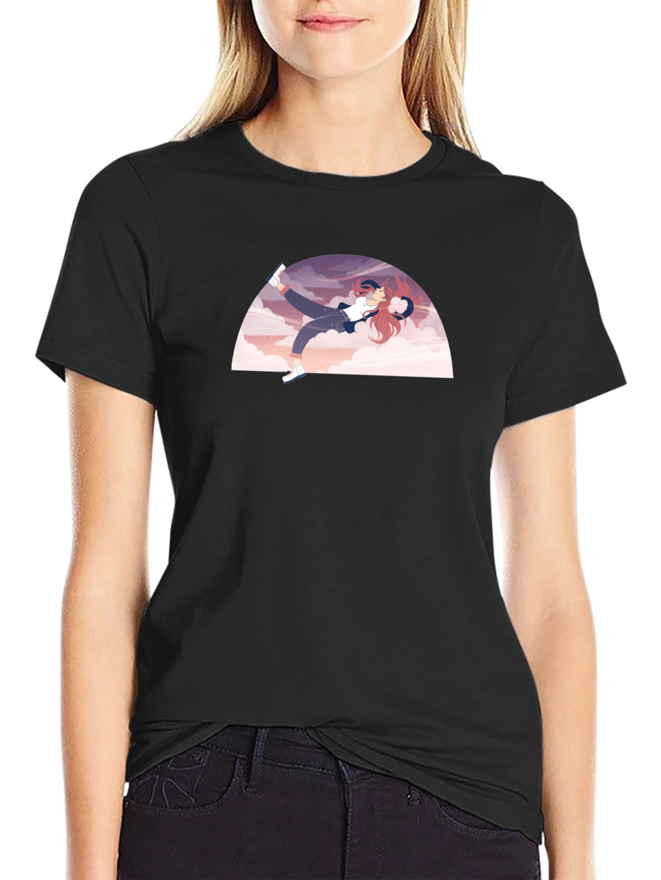 Camiseta Negra con Diseño de Anime Relajado