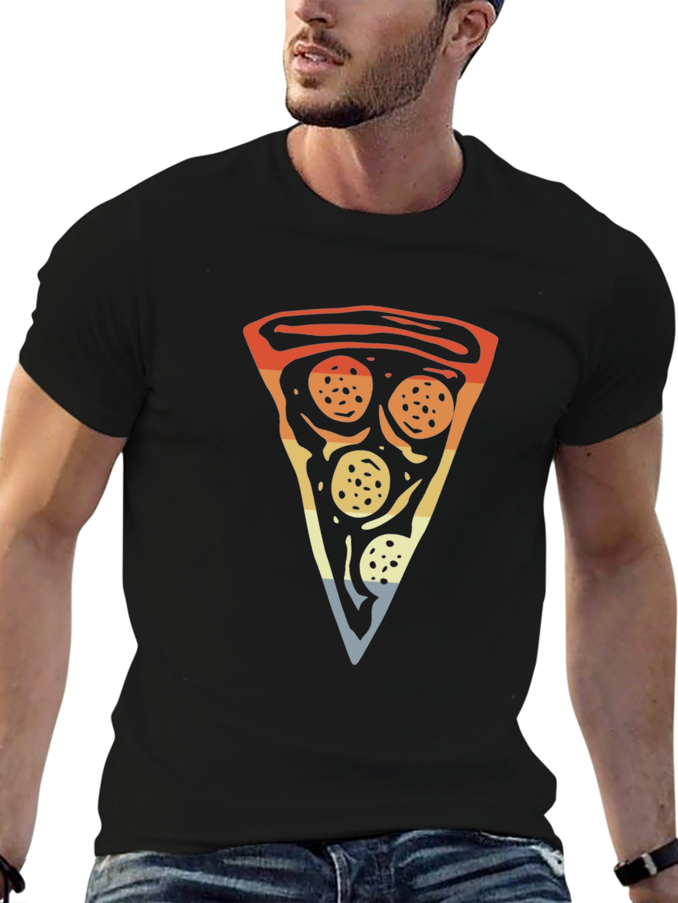Camiseta Negra con Estampado de Pizza Retro