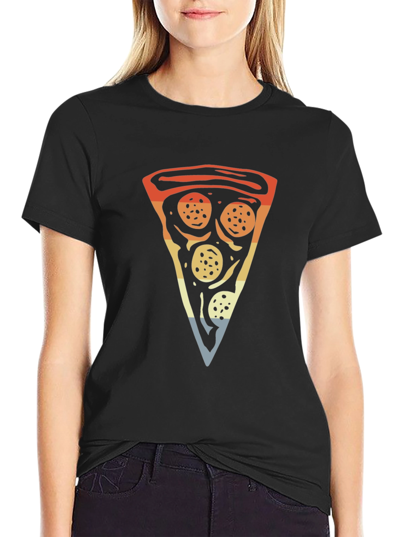 Camiseta Negra con Estampado de Pizza Retro