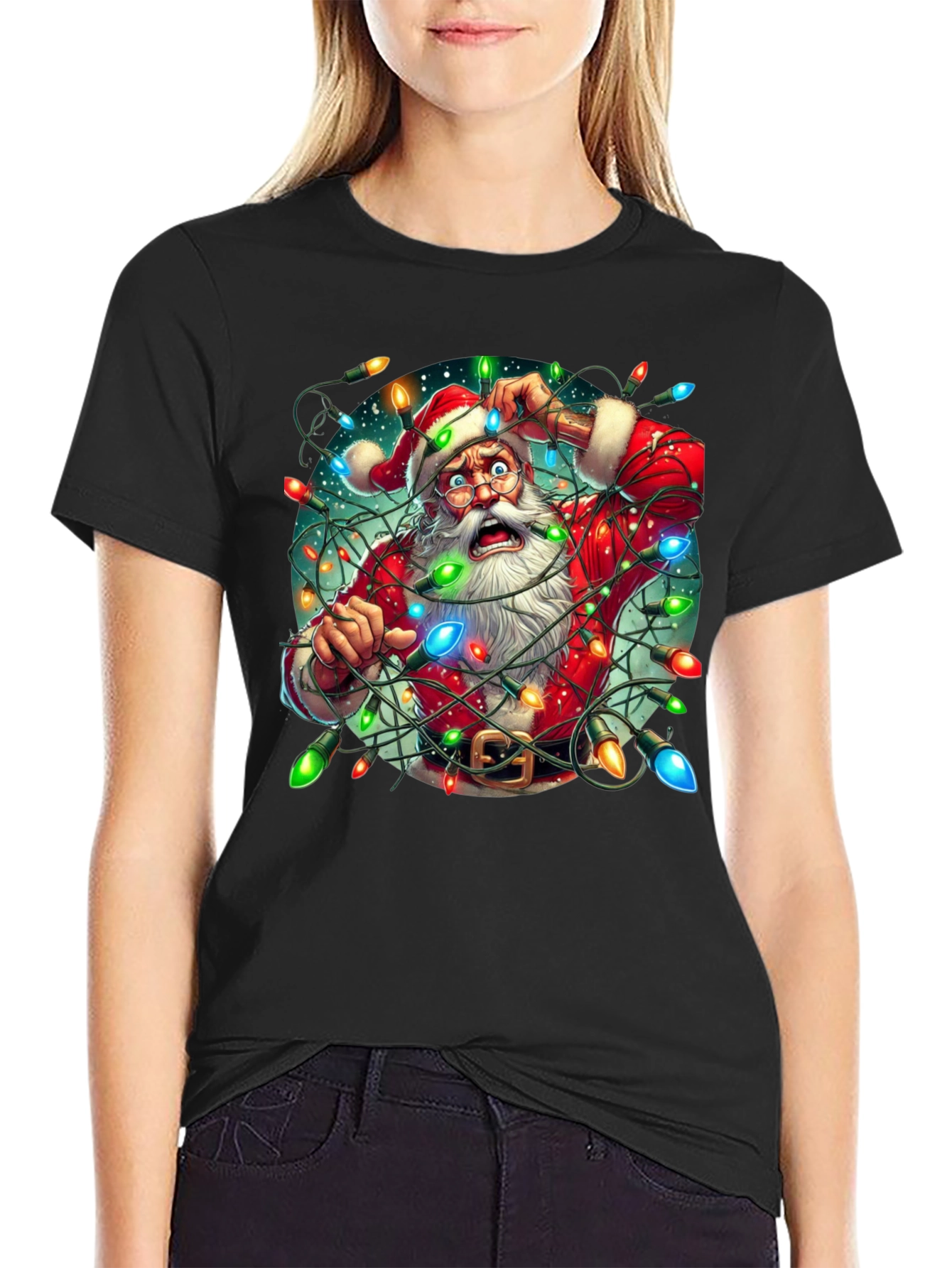 Camiseta Navideña Santa Claus Atrapado en Luces