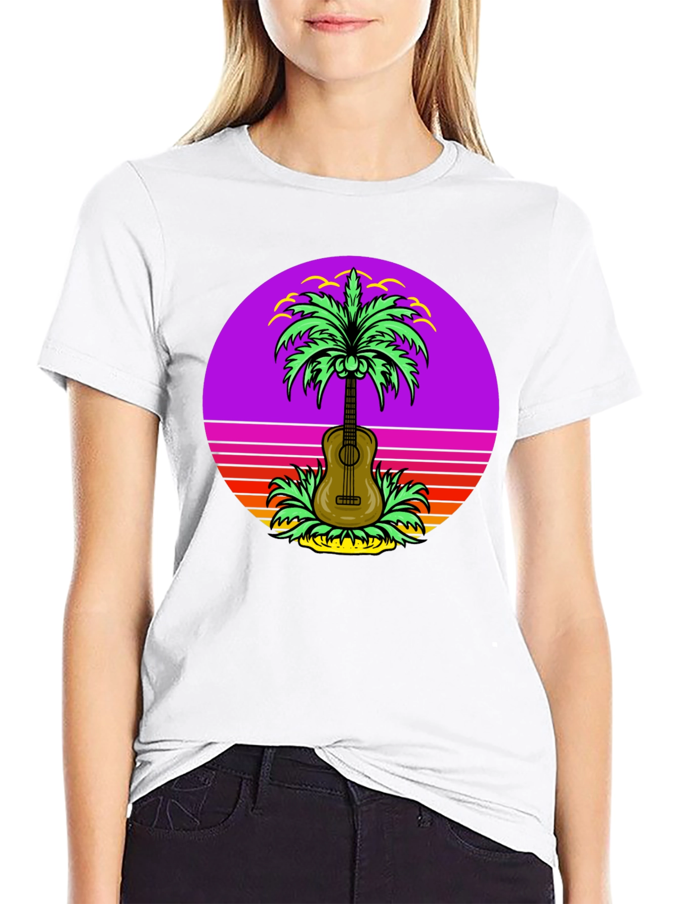 Camiseta Hombre Guitarra Palmera Retro Sunset