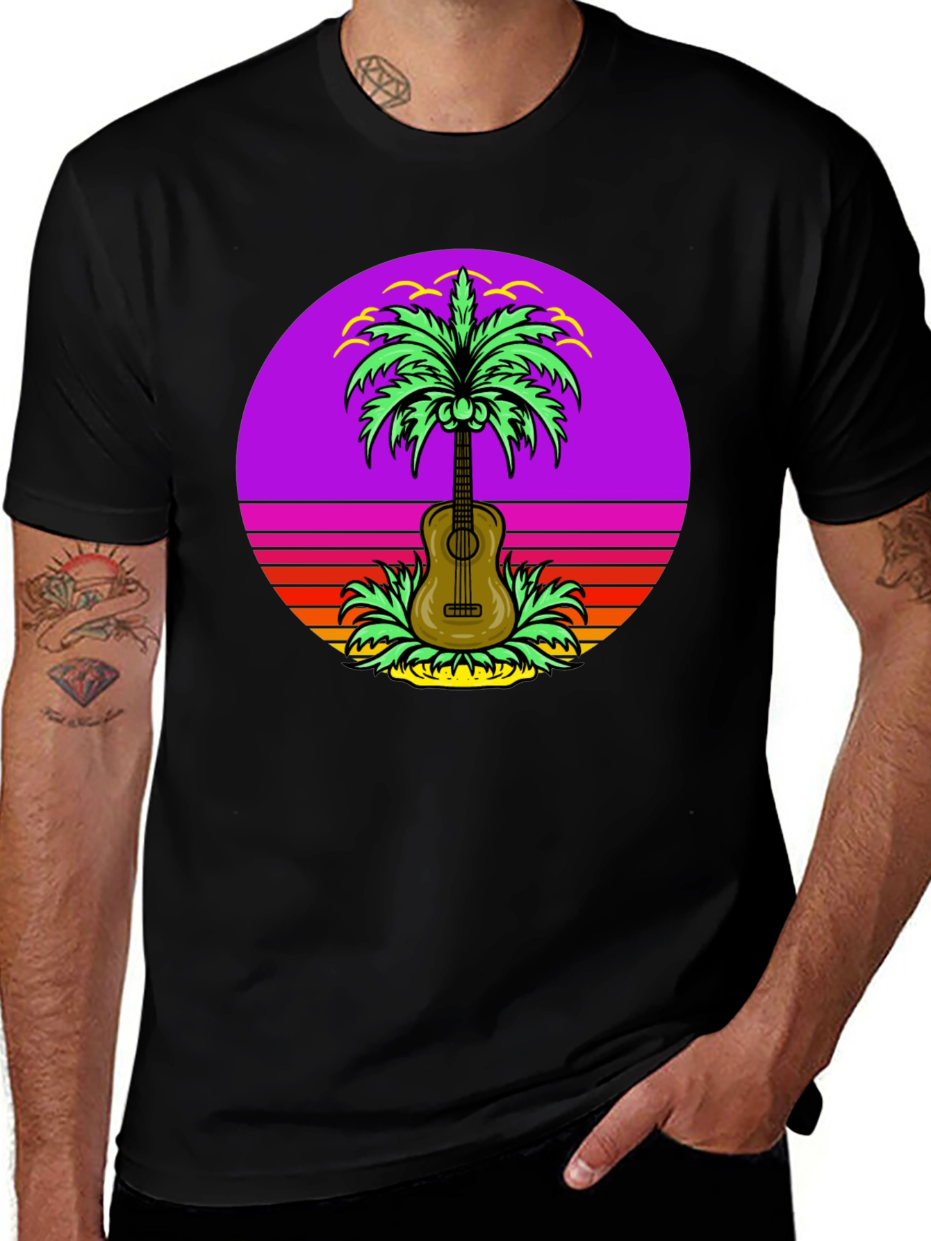 Camiseta Hombre Guitarra Palmera Retro Sunset