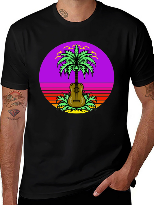 Camiseta Hombre Guitarra Palmera Retro Sunset