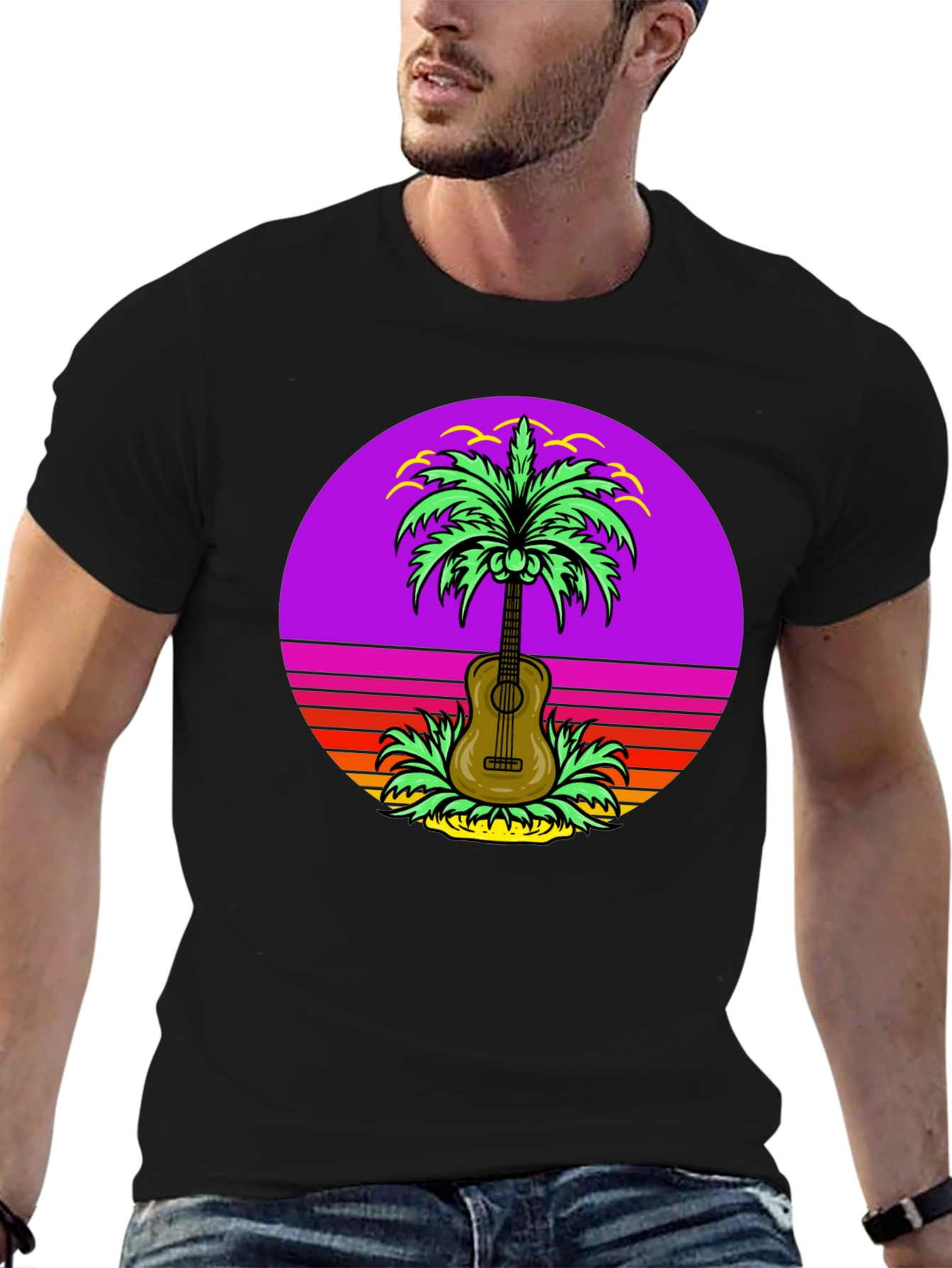 Camiseta Hombre Guitarra Palmera Retro Sunset