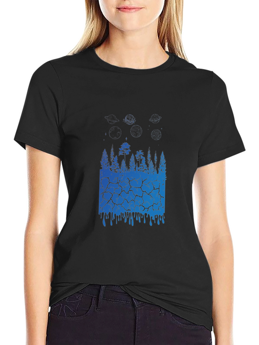 Camiseta Negra con Diseño Abstracto de Naturaleza Azul