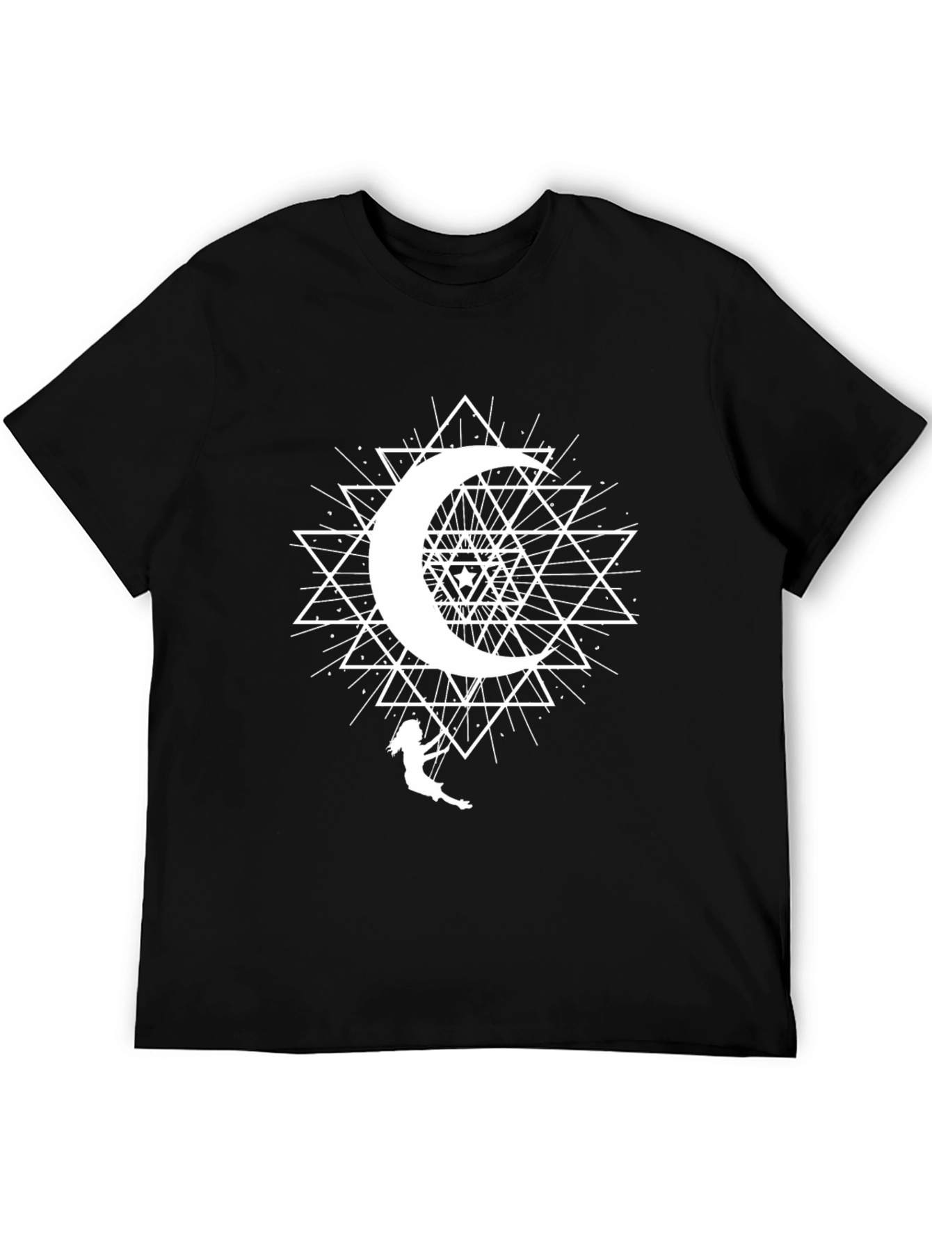 Camiseta Negra con Diseño de Luna y Triángulos