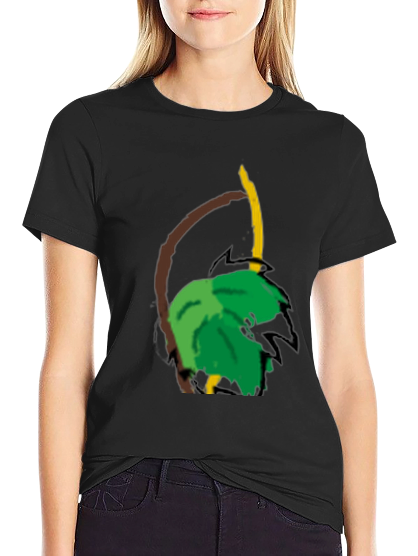 Camiseta Negra con Diseño Tropical Abstracto