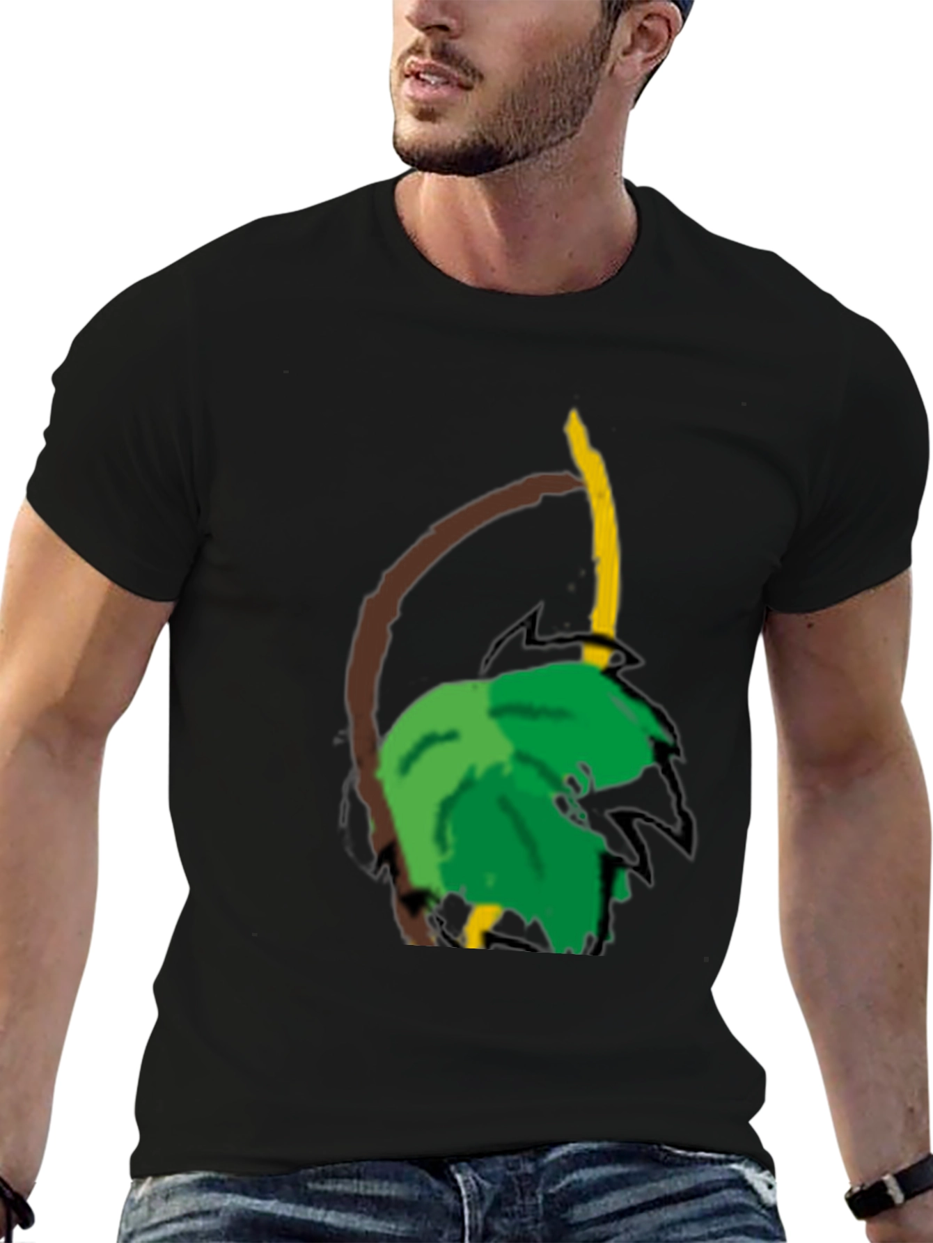 Camiseta Negra con Diseño Tropical Abstracto
