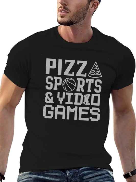 Camiseta Negra Hombre Pizza Deportes y Videojuegos