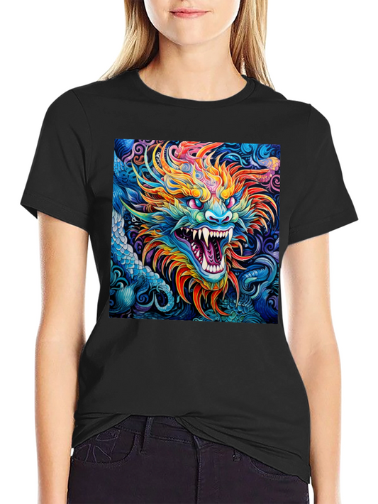 Camiseta Negra con Dragón Asiático Colorido