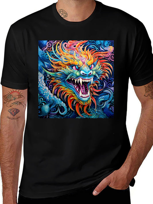 Camiseta Negra con Dragón Asiático Colorido