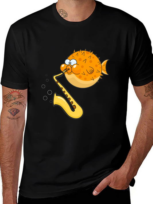 Camiseta Negra con Diseño Divertido de Pez Saxofonista