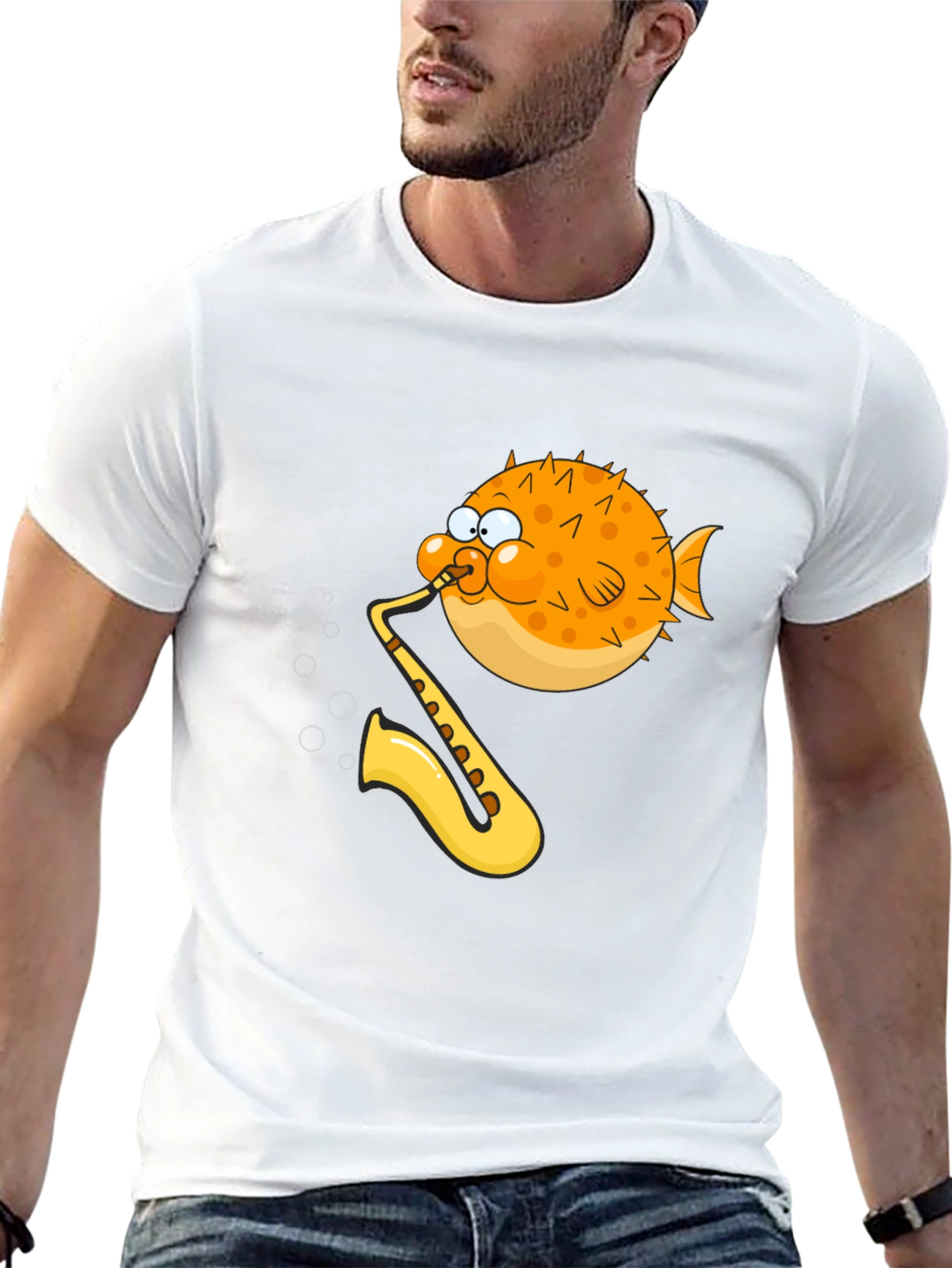 Camiseta Negra con Diseño Divertido de Pez Saxofonista