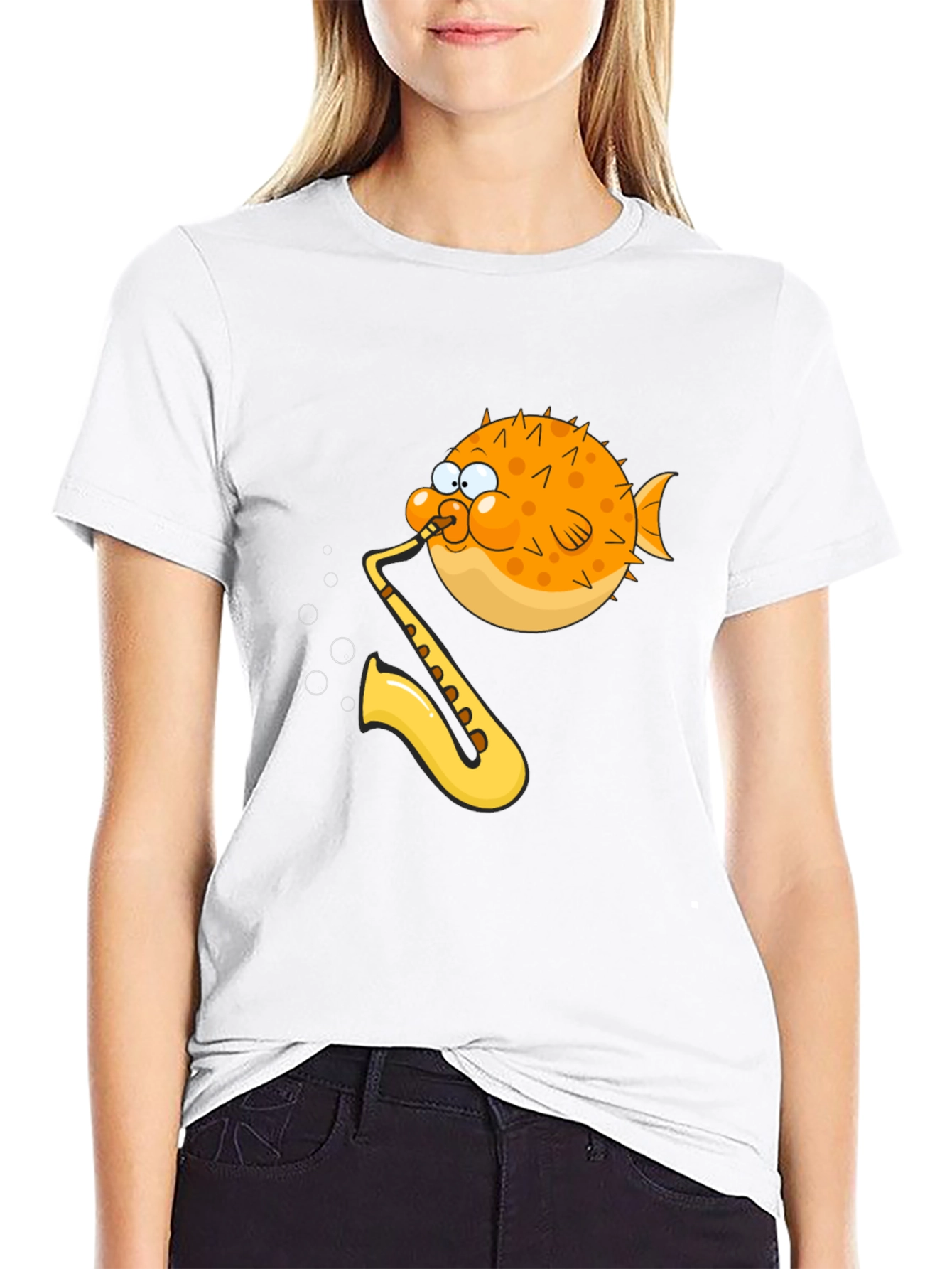 Camiseta Negra con Diseño Divertido de Pez Saxofonista