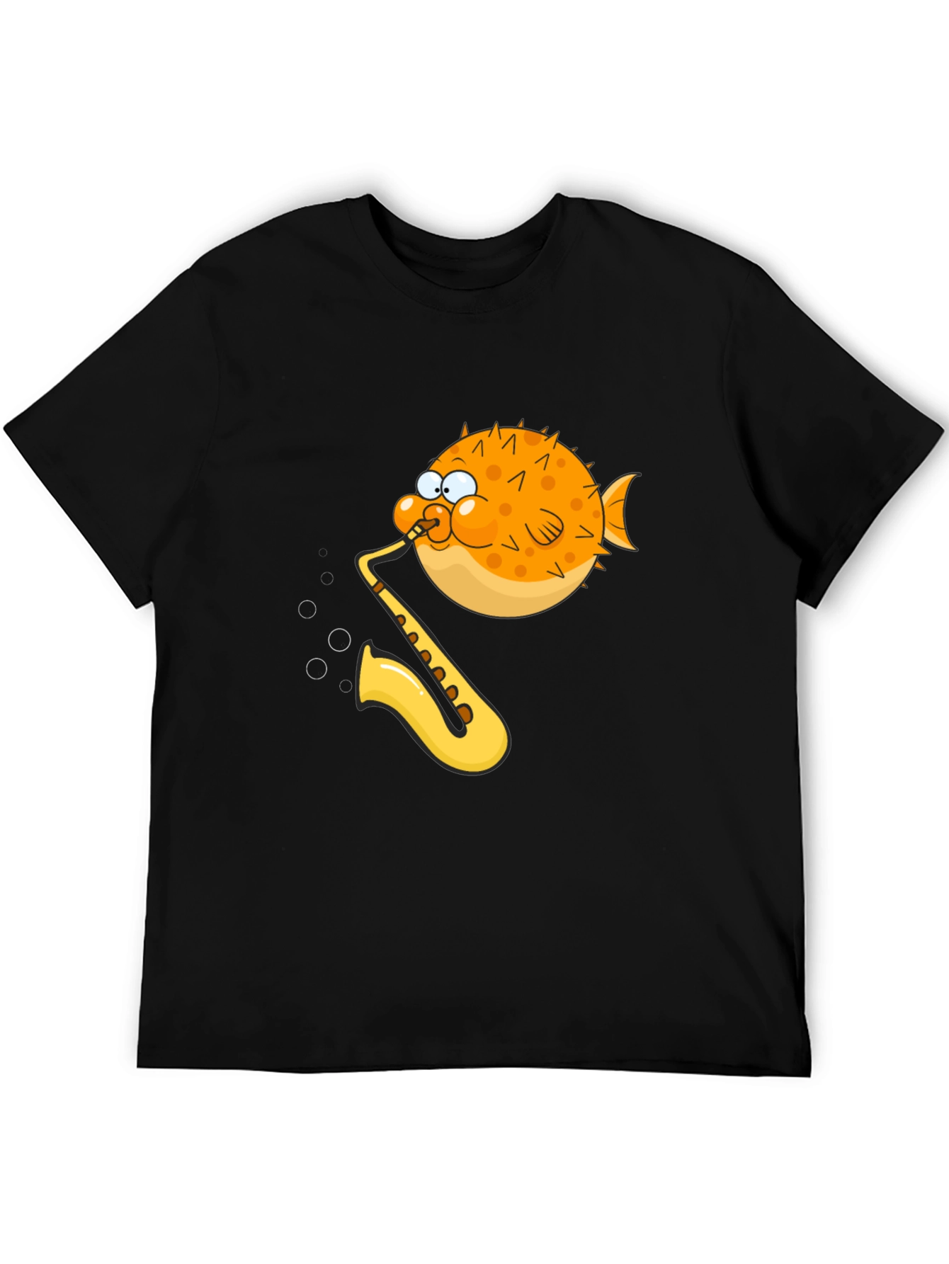 Camiseta Negra con Diseño Divertido de Pez Saxofonista