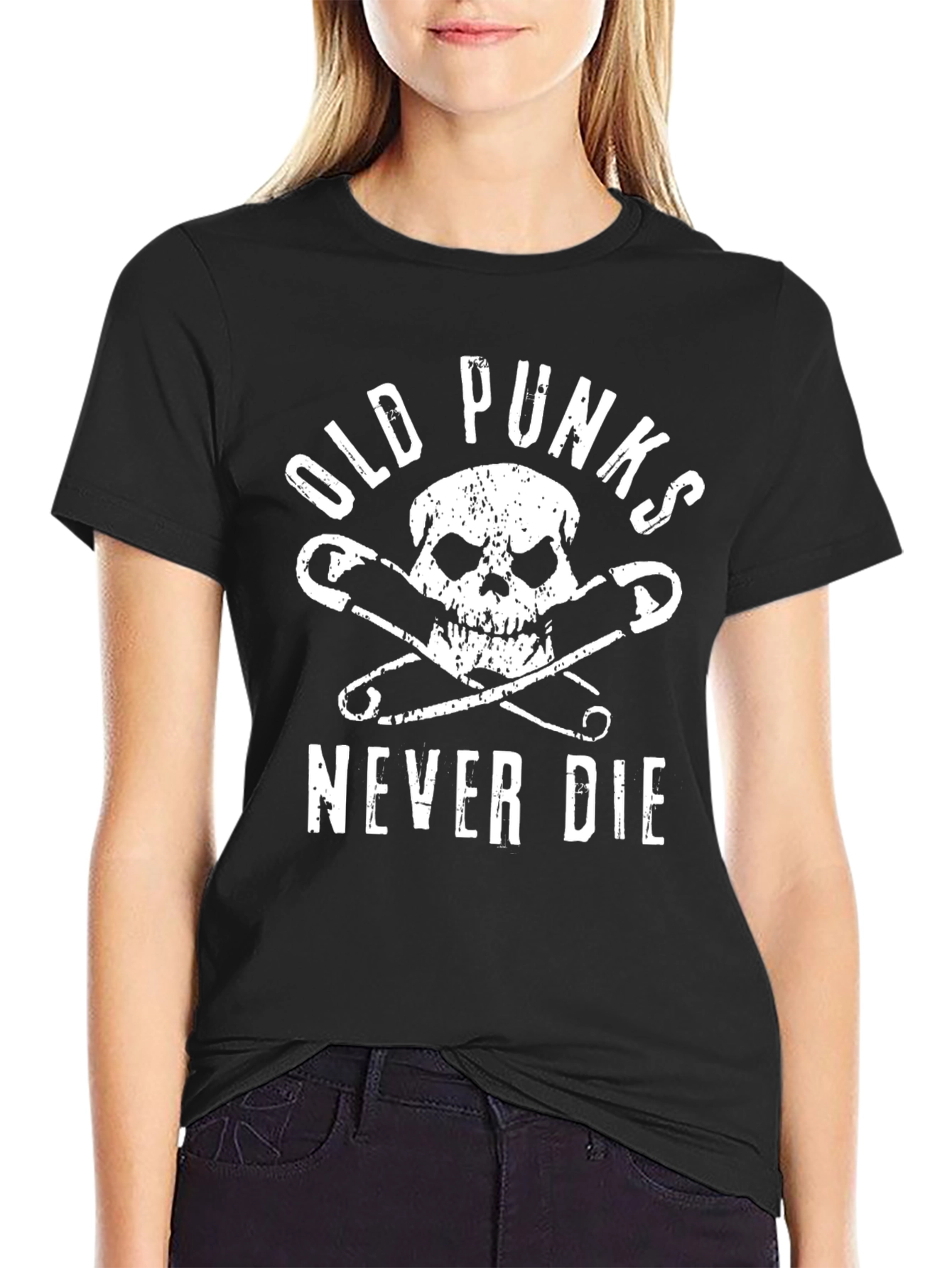 Camiseta Negra Punk con Calavera y Imperdibles