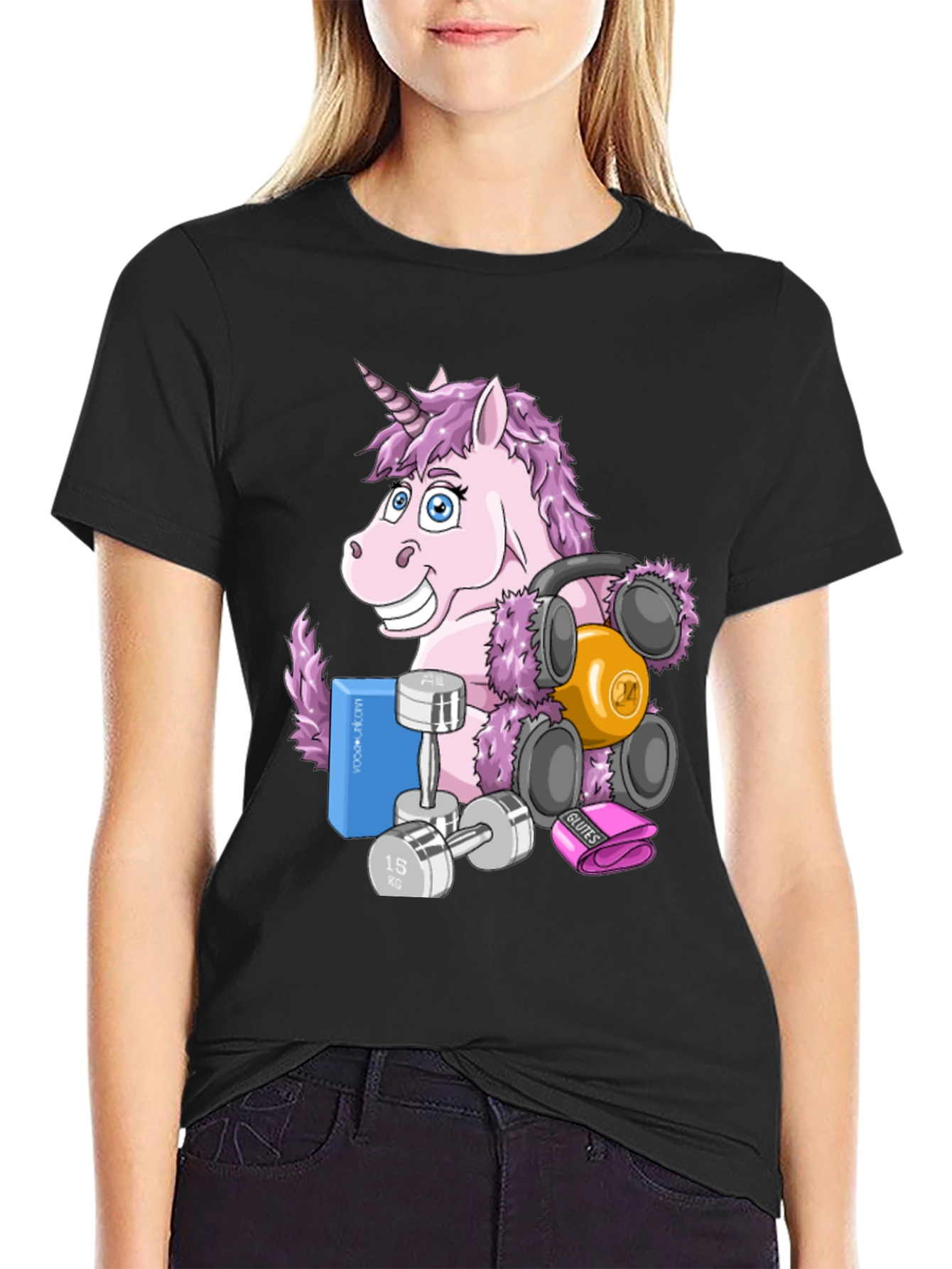 Camiseta Negra con Unicornio Fitness