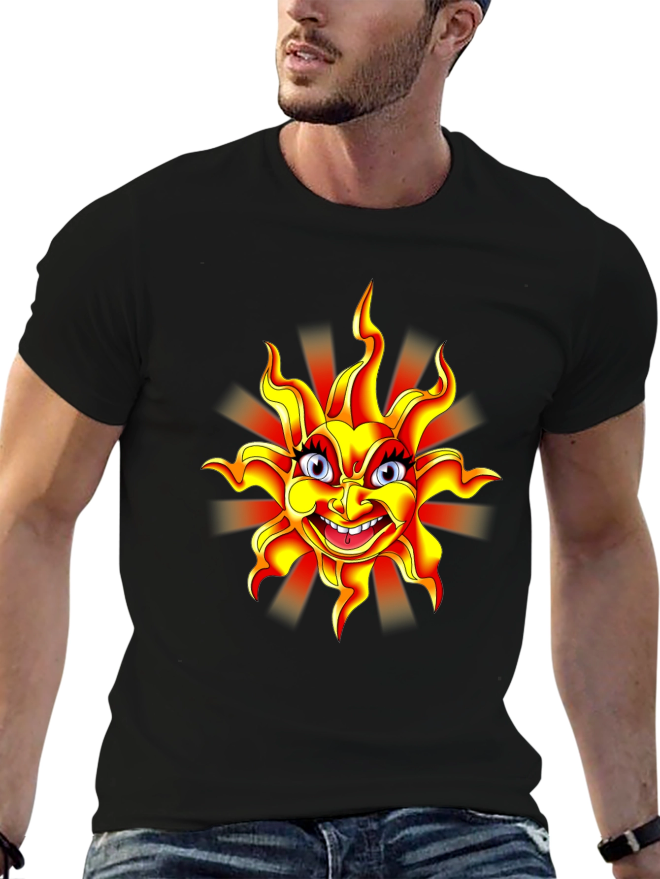Camiseta Negra con Sol Sonriente para Hombre