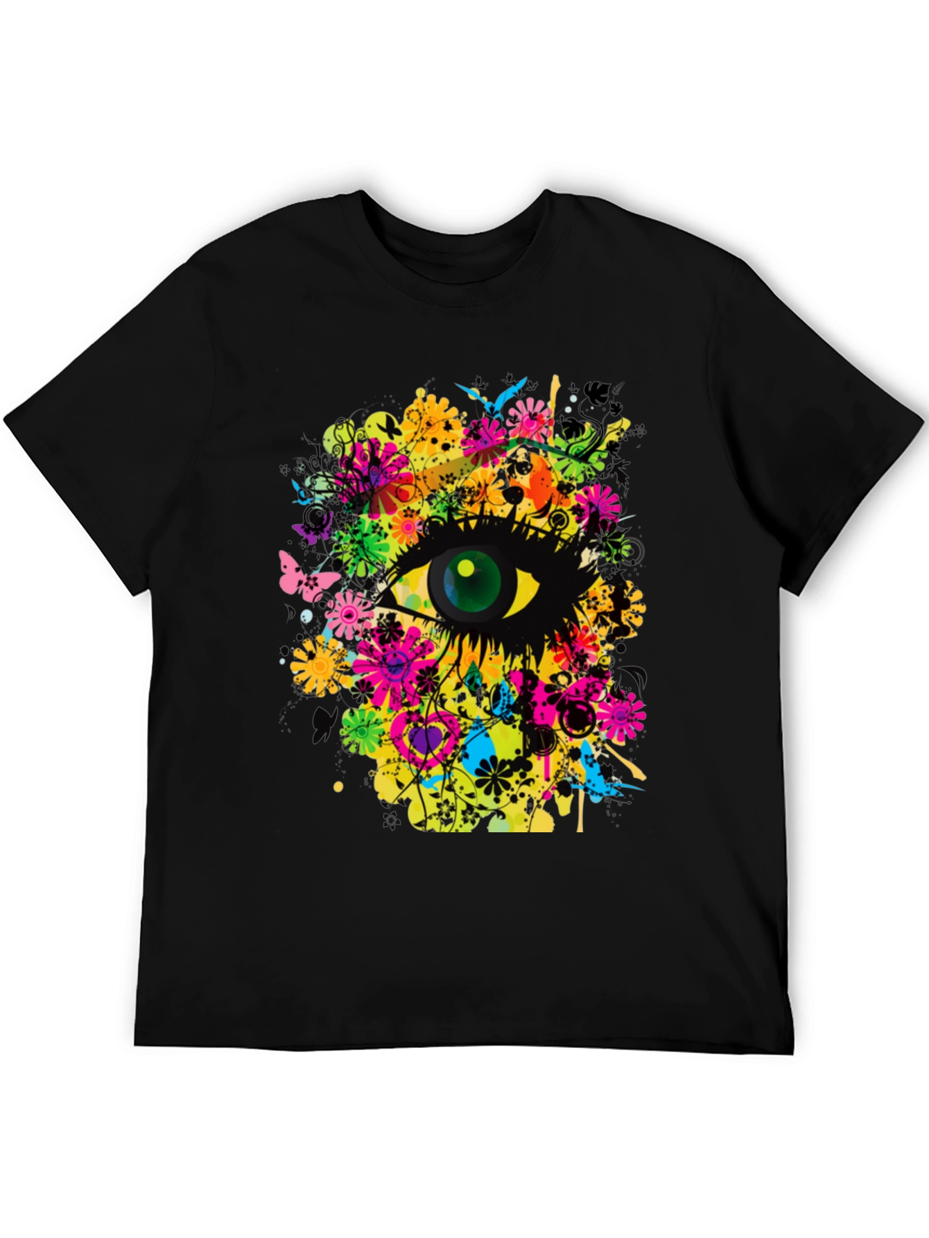 Camiseta Negra con Diseño Ojo Floral Psicodélico
