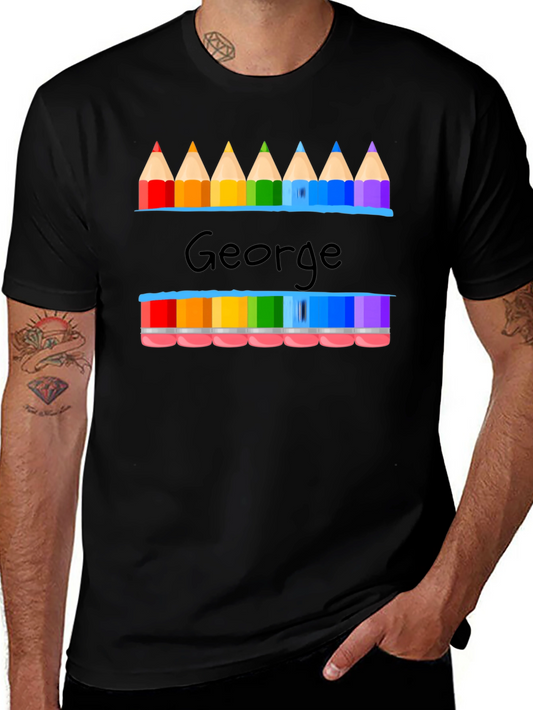 Camiseta Negra George con Diseño de Lápices de Colores