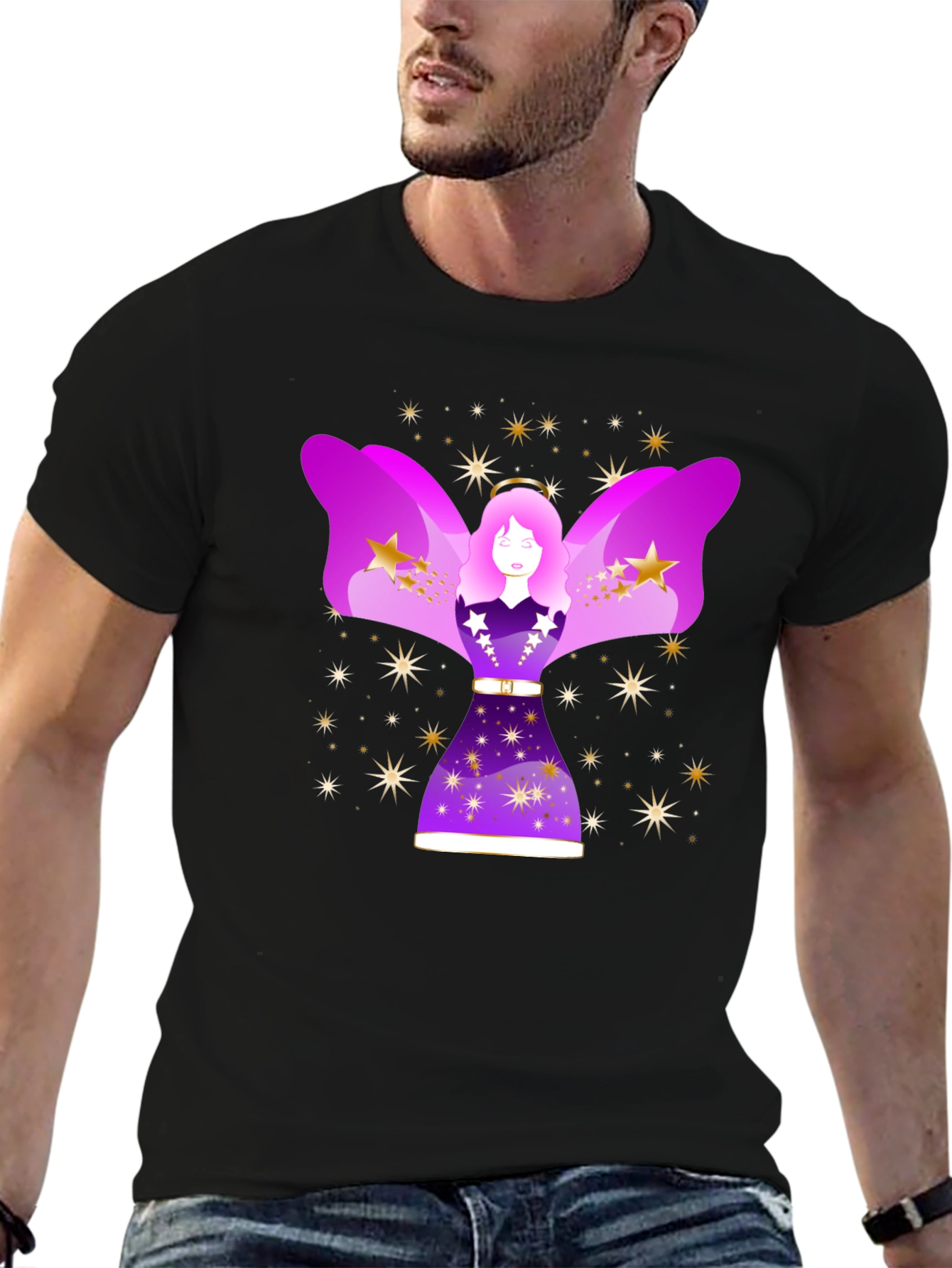 Camiseta Negra con Diseño de Ángel Estelar