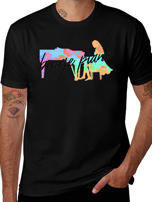 Camiseta Negra con Diseño de Piano y Flores