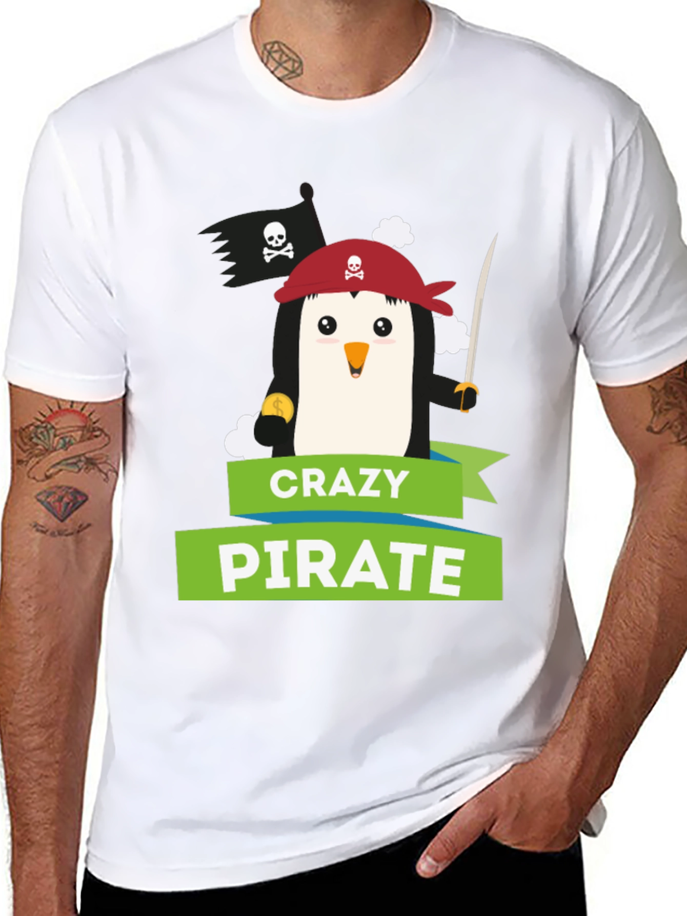 Camiseta Negra: Pingüino Pirata Loco - Diseño Divertido