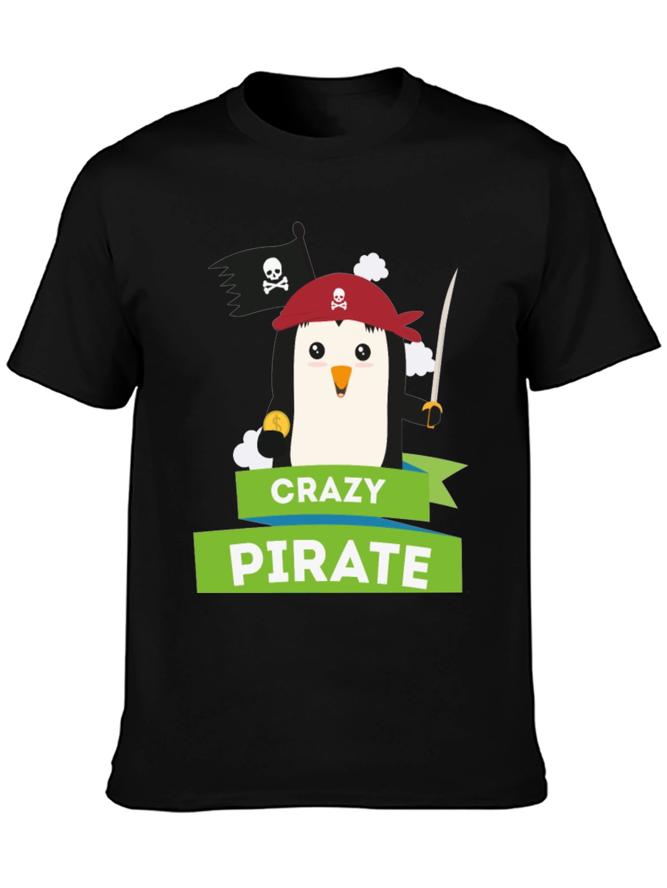 Camiseta Negra: Pingüino Pirata Loco - Diseño Divertido
