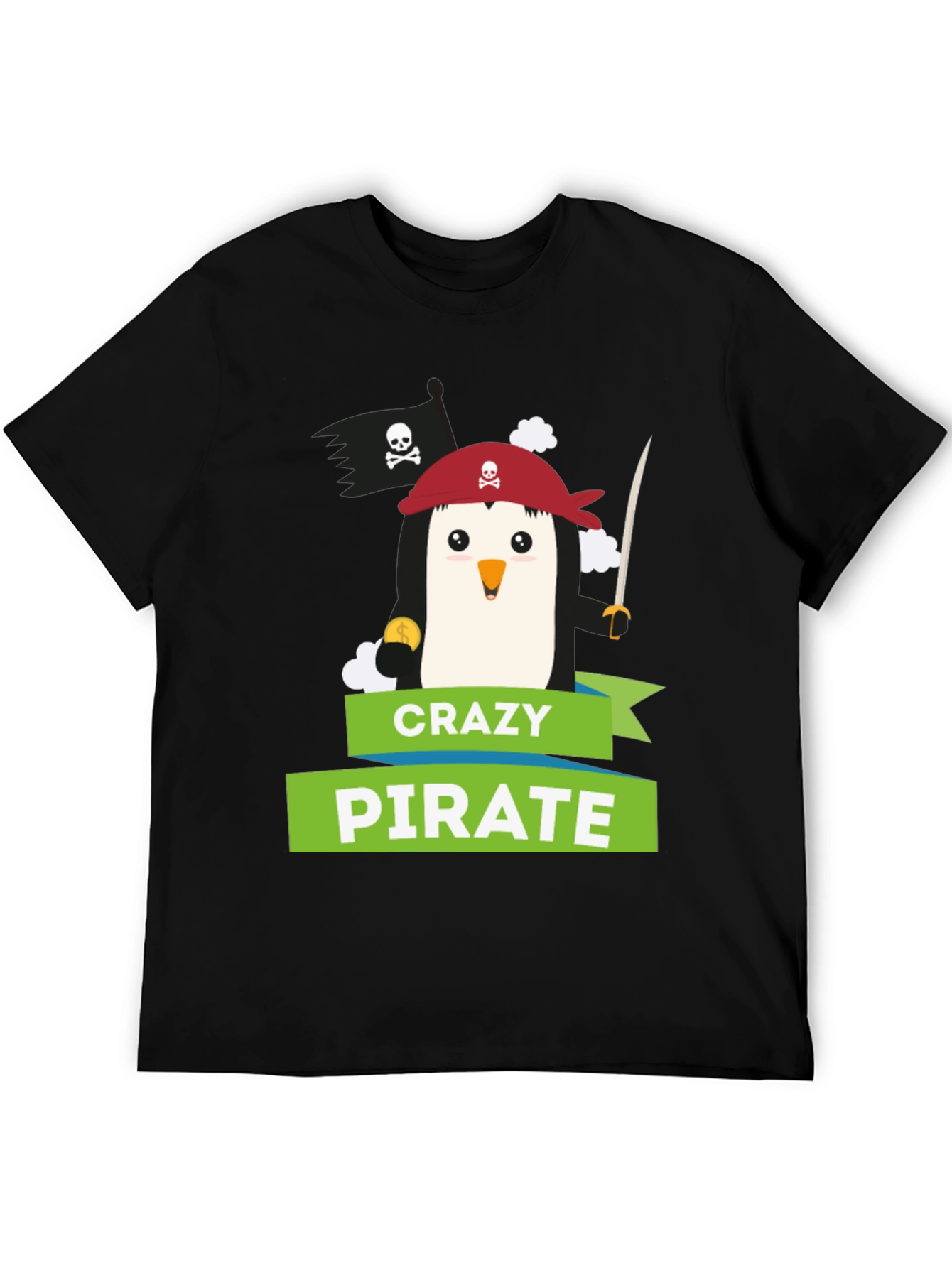 Camiseta Negra: Pingüino Pirata Loco - Diseño Divertido