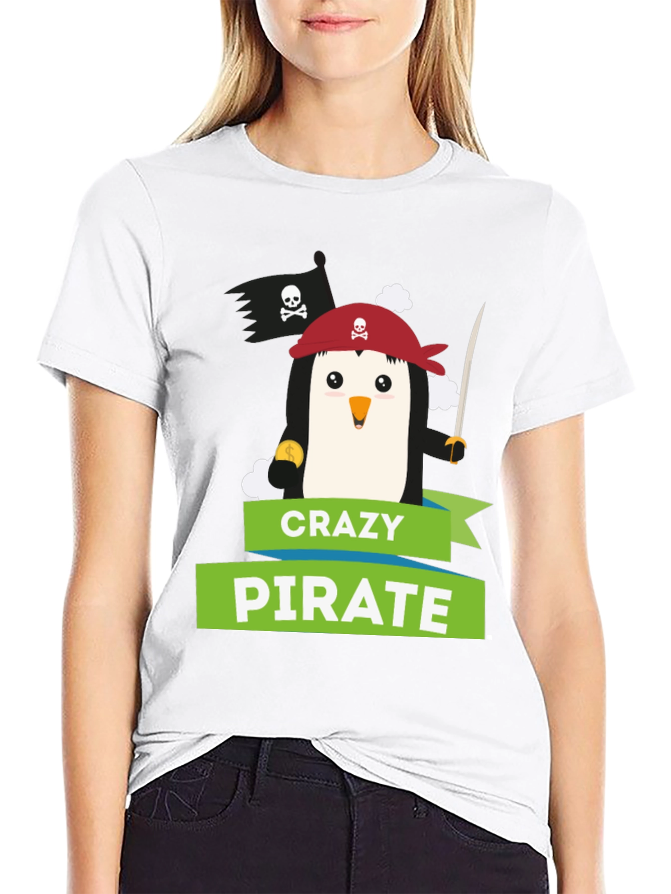 Camiseta Negra: Pingüino Pirata Loco - Diseño Divertido