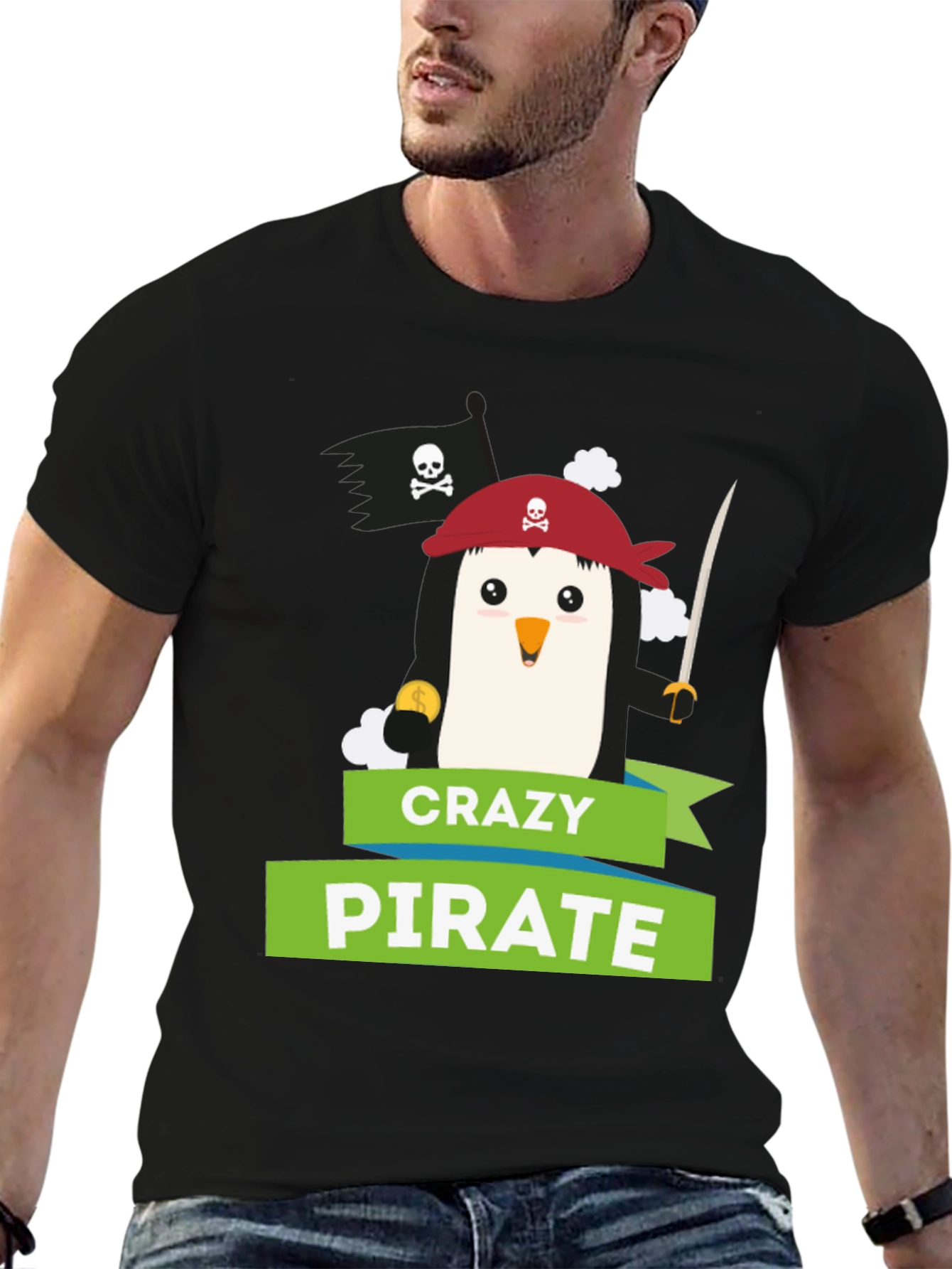 Camiseta Negra: Pingüino Pirata Loco - Diseño Divertido