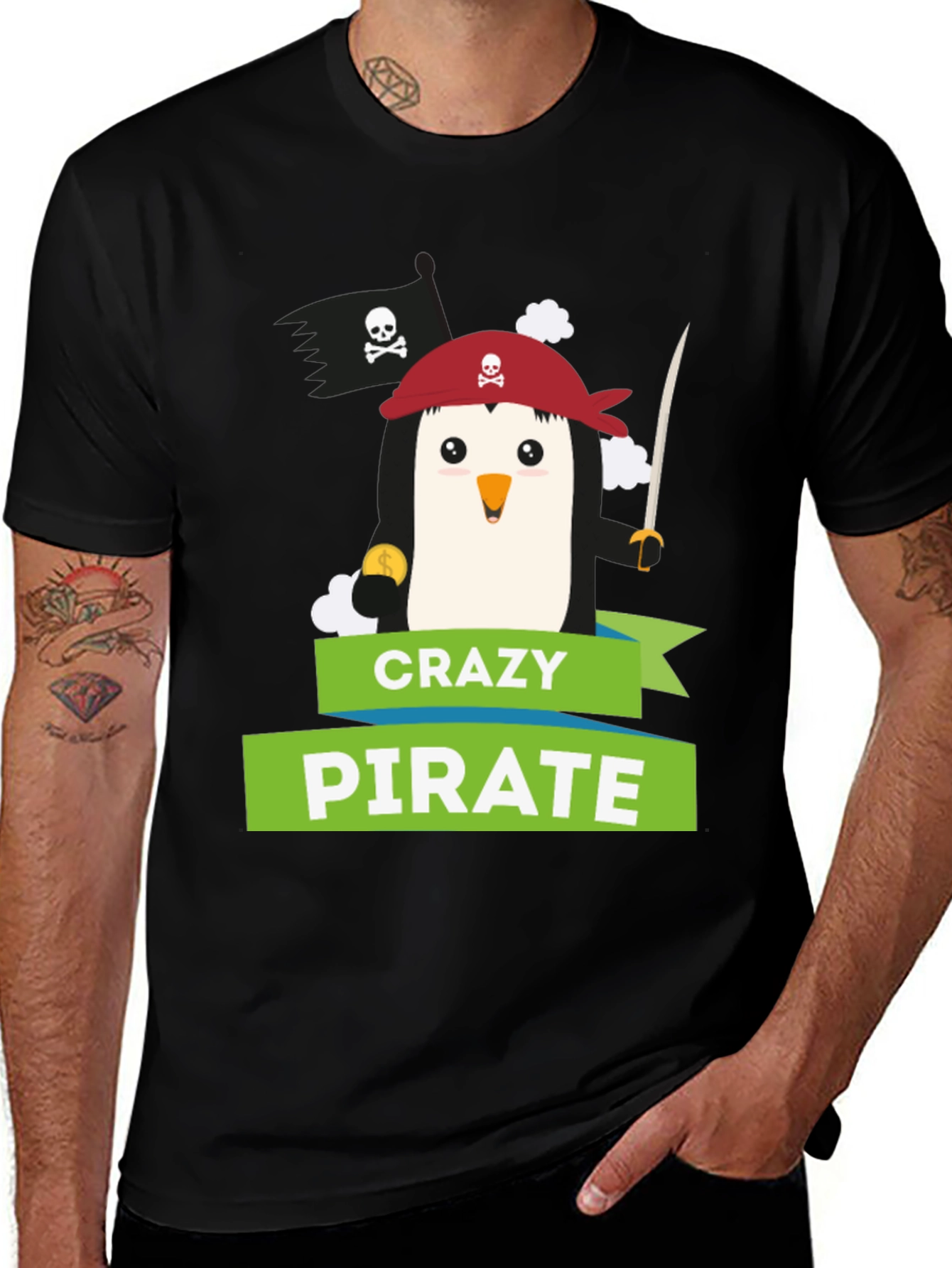 Camiseta Negra: Pingüino Pirata Loco - Diseño Divertido