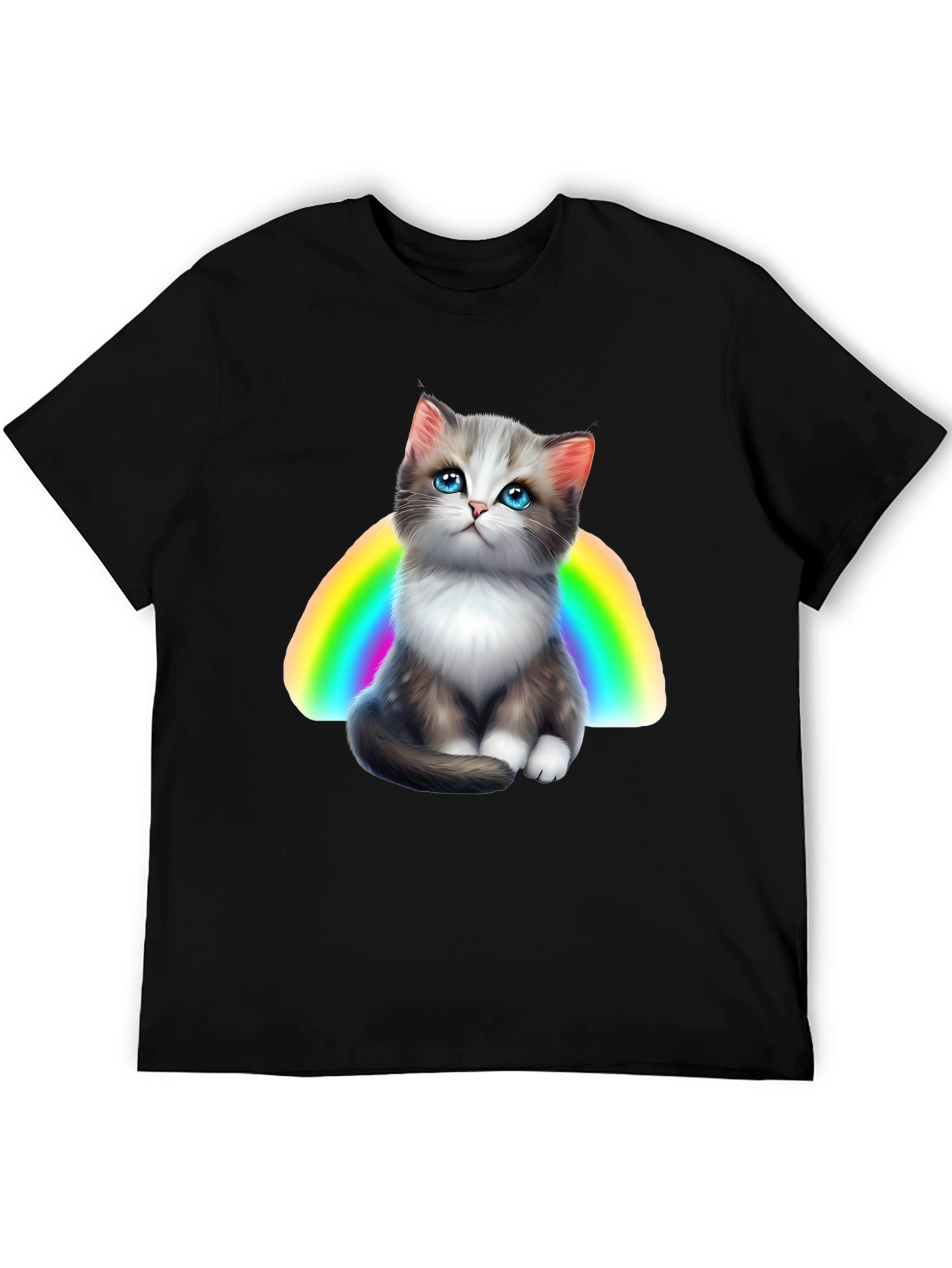 Camiseta Negra con Gato y Arcoíris