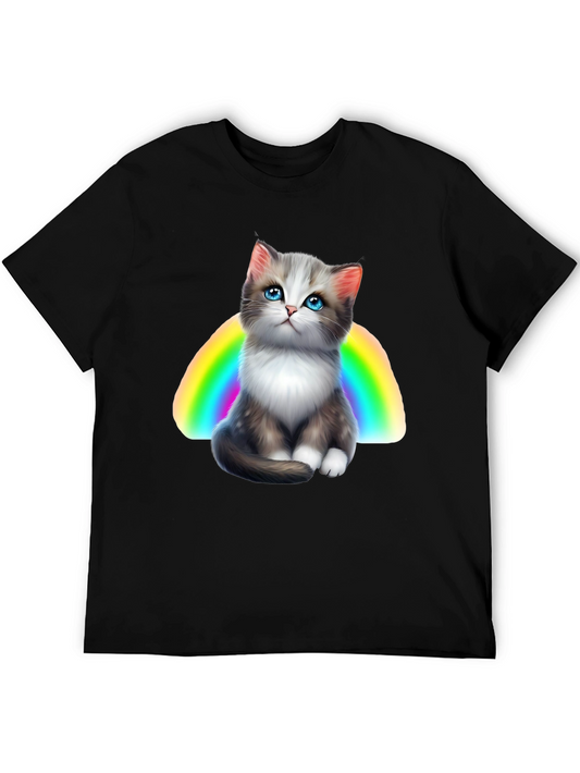 Camiseta Negra con Gato y Arcoíris