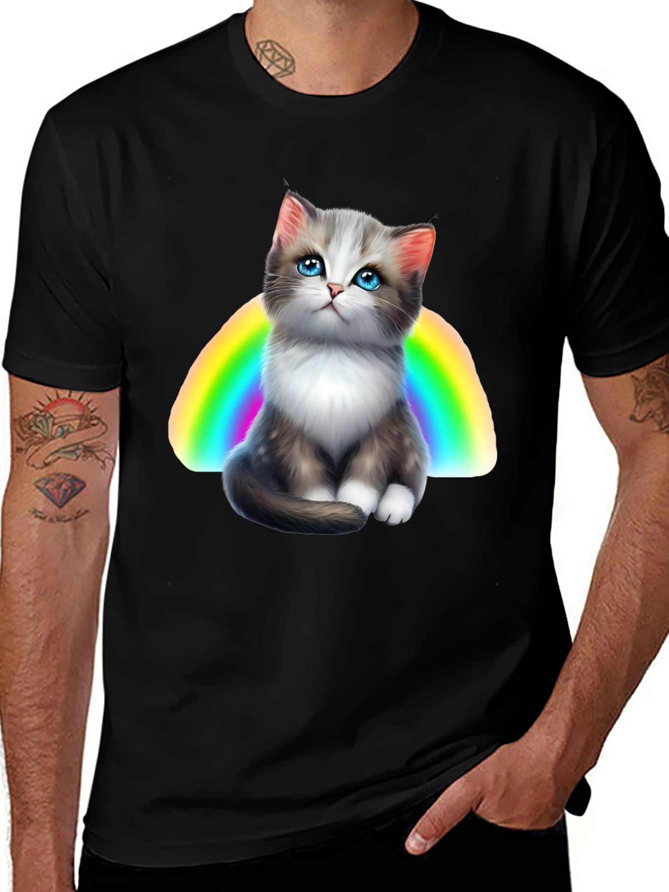 Camiseta Negra con Gato y Arcoíris