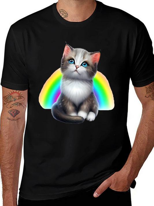 Camiseta Negra con Gato y Arcoíris