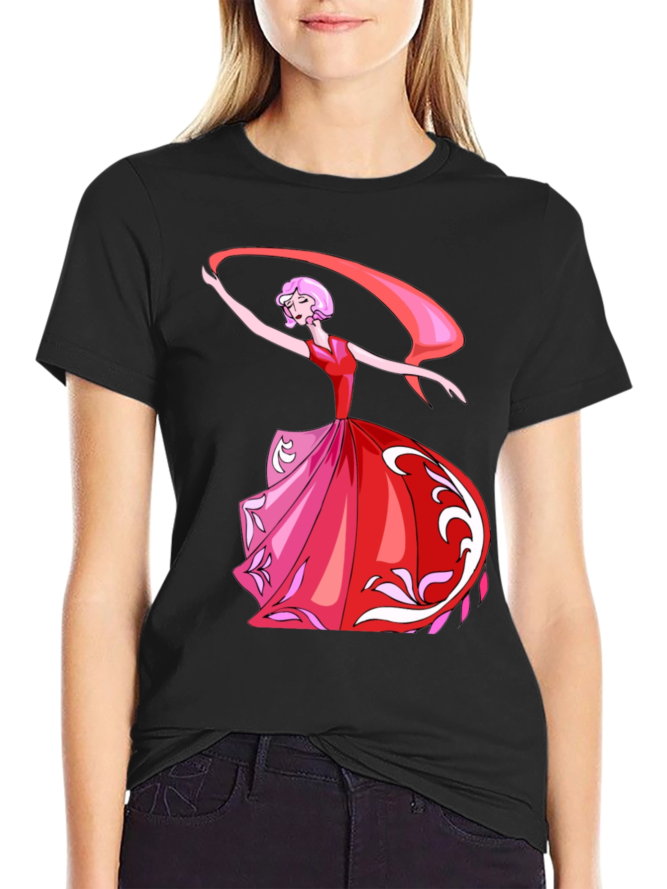 Camiseta Negra con Diseño de Bailarina Animada
