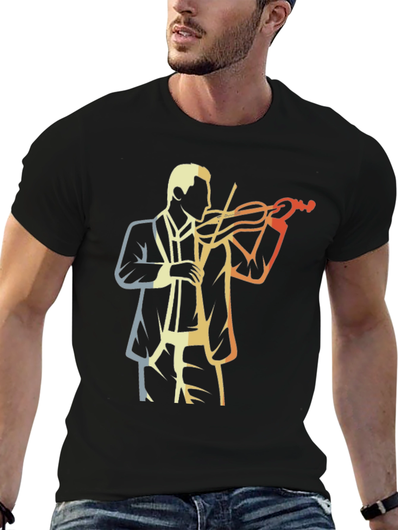 Camiseta Negra con Diseño de Violinista Retro