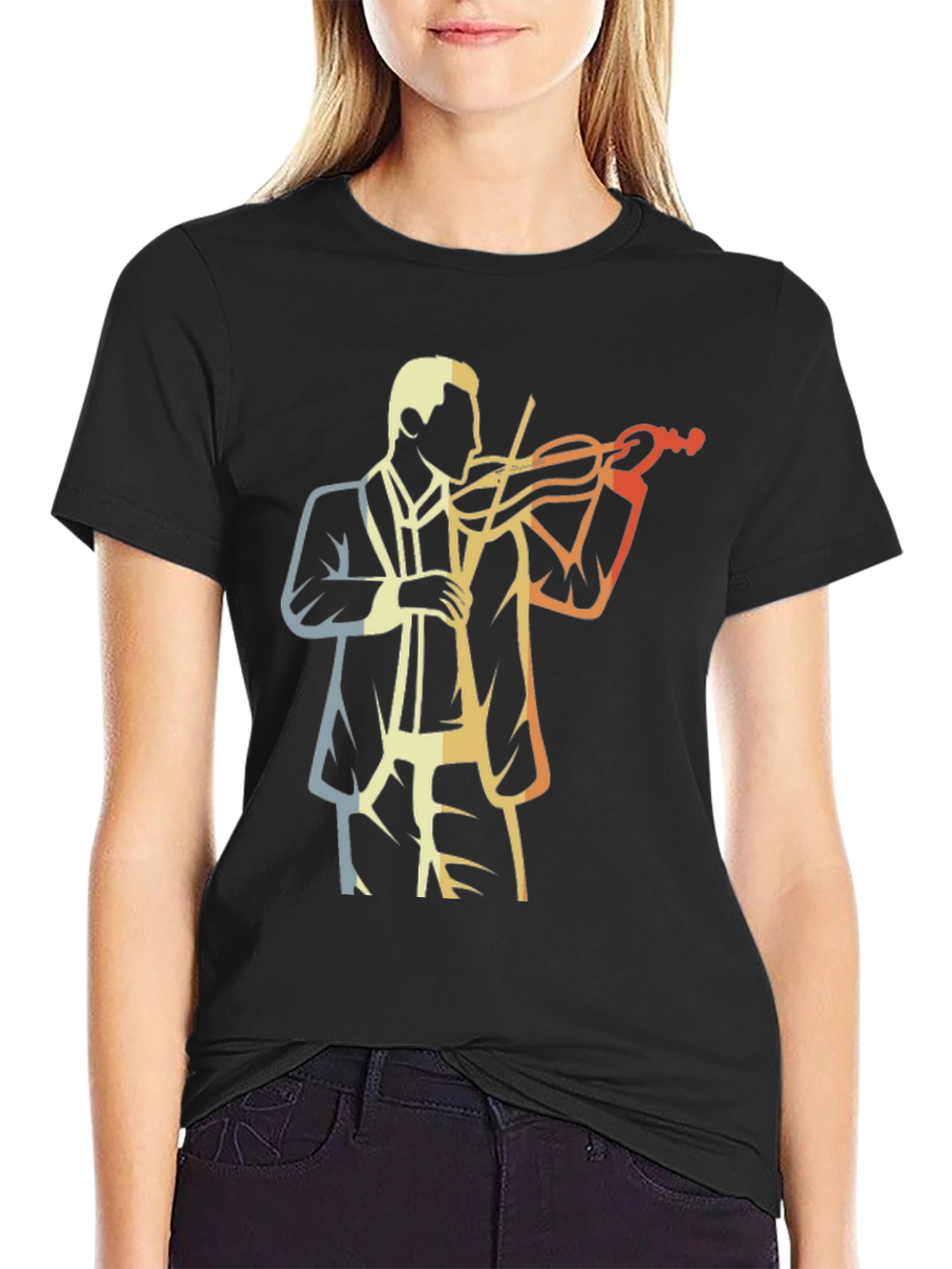 Camiseta Negra con Diseño de Violinista Retro