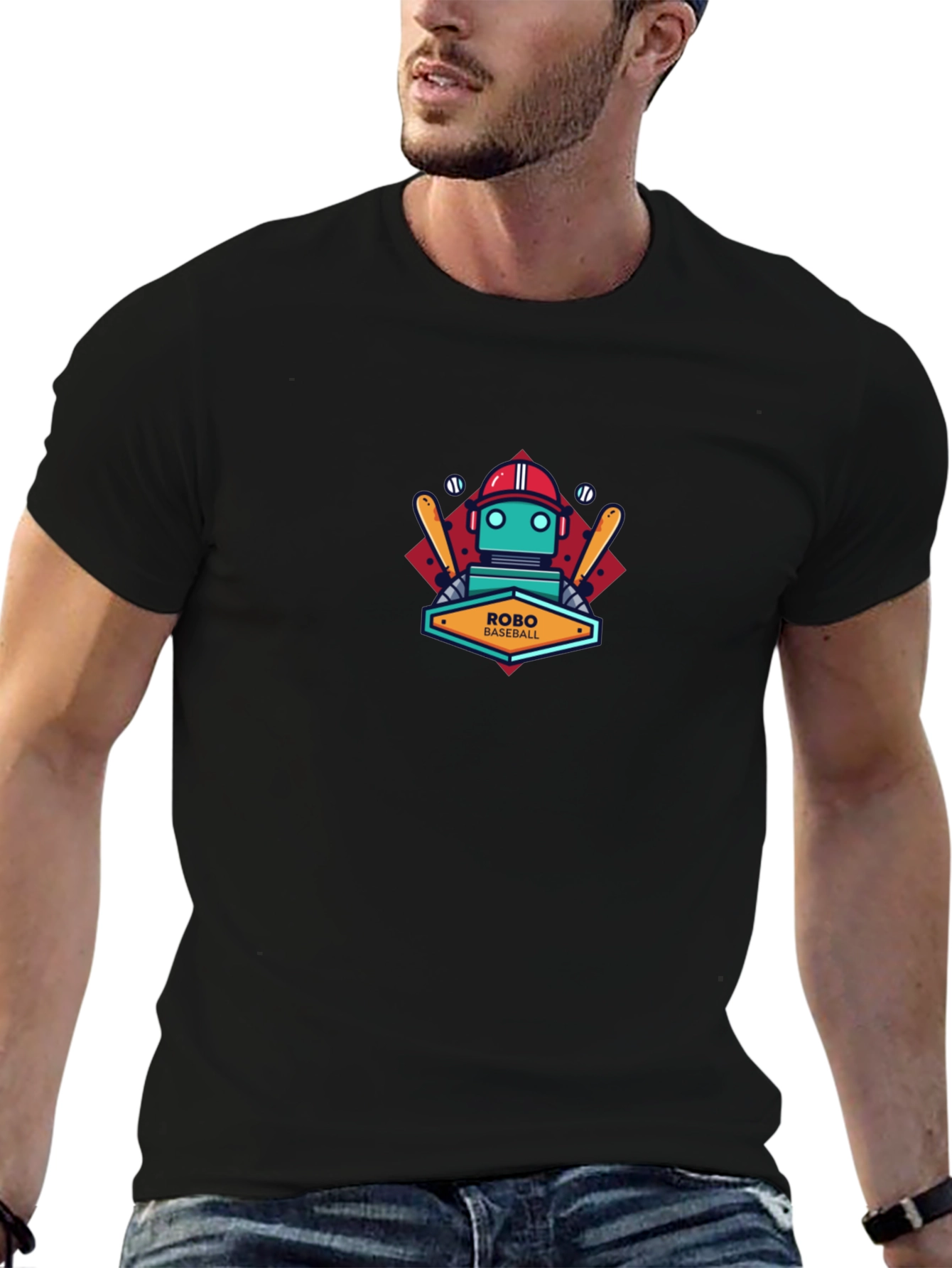 Camiseta Negra con Diseño de Robot Baseball