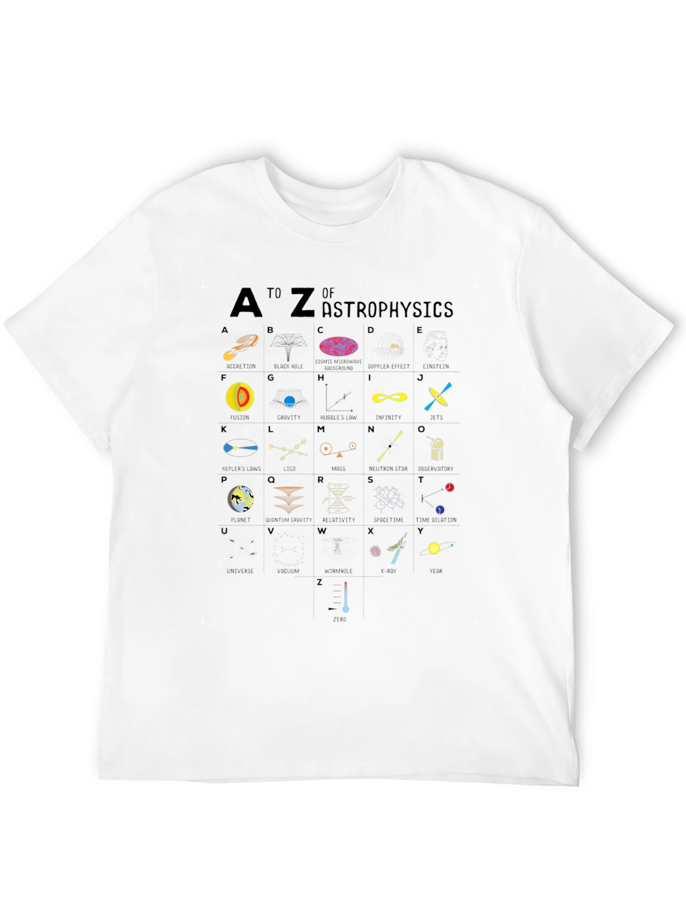 Camiseta Negra con Diseño de Alfabeto de Astrofísica