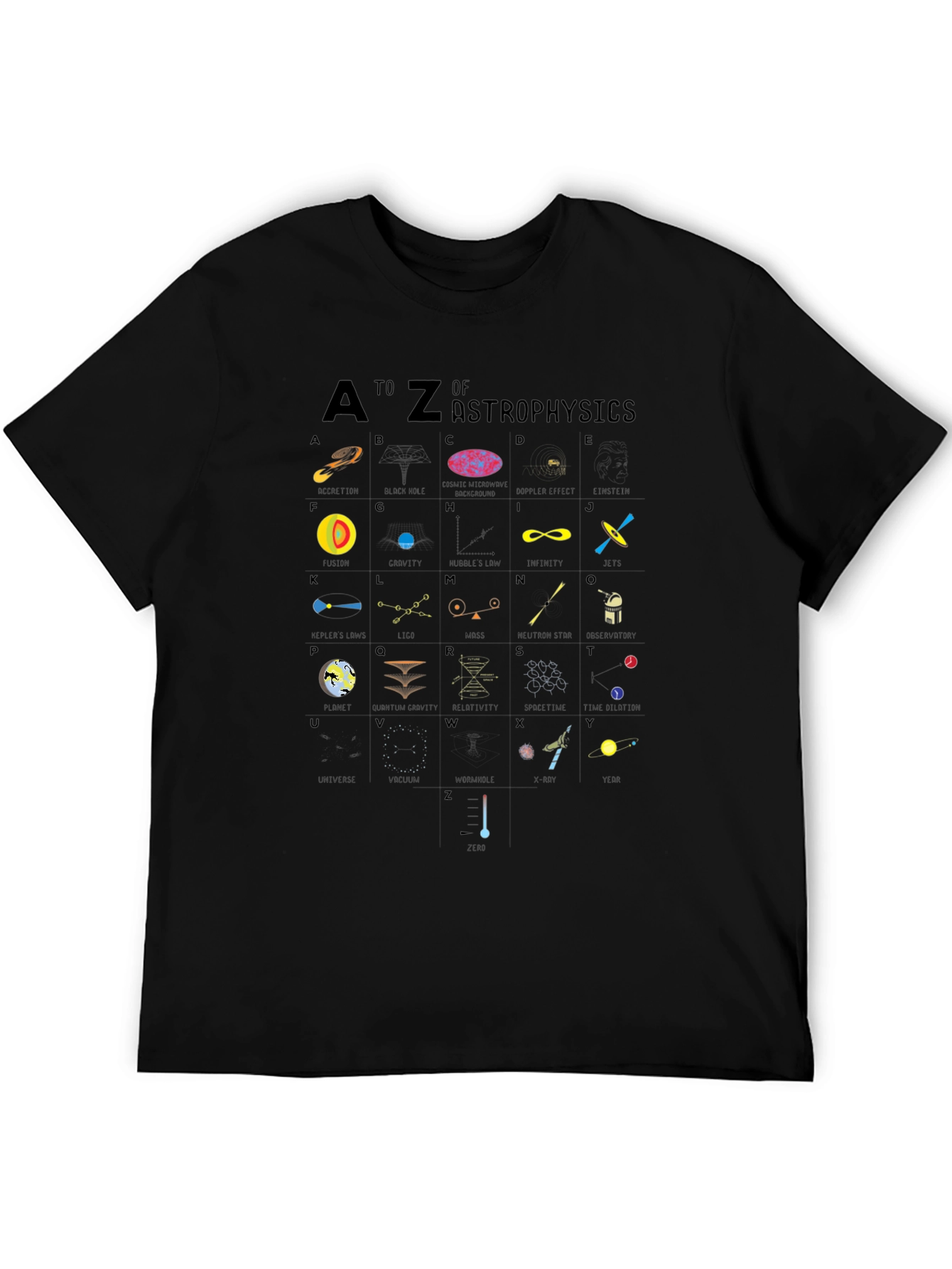 Camiseta Negra con Diseño de Alfabeto de Astrofísica